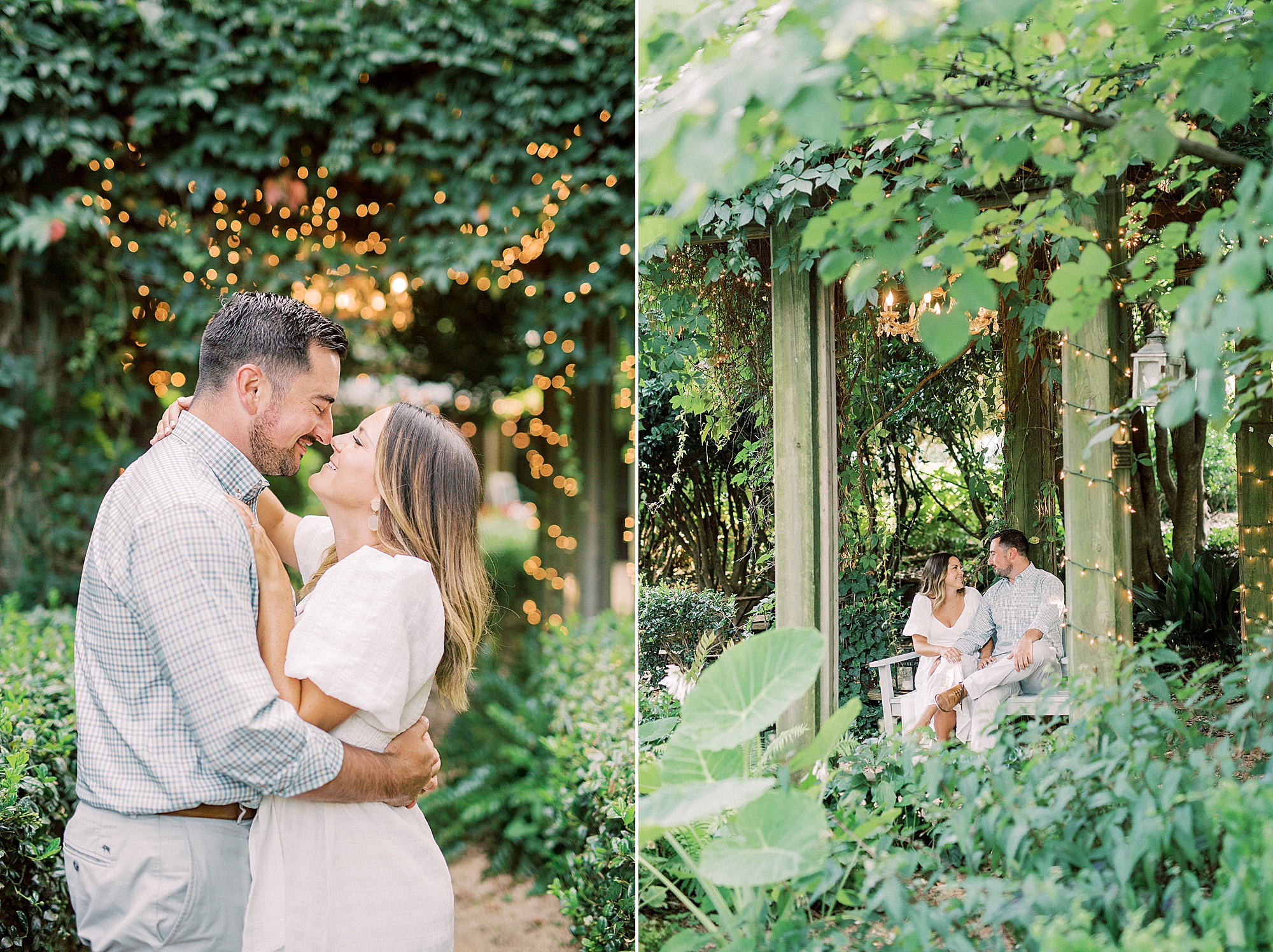 engaged couple hugs in gardens of Charlotte NC