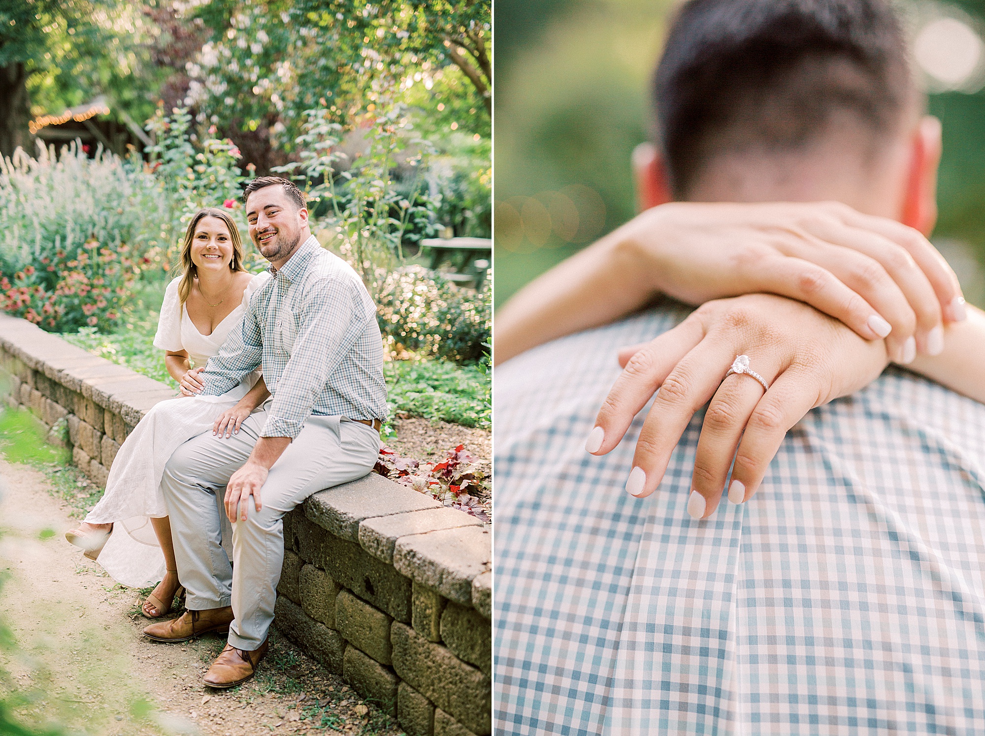 bride and groom hug in garden during Charlotte engagement session