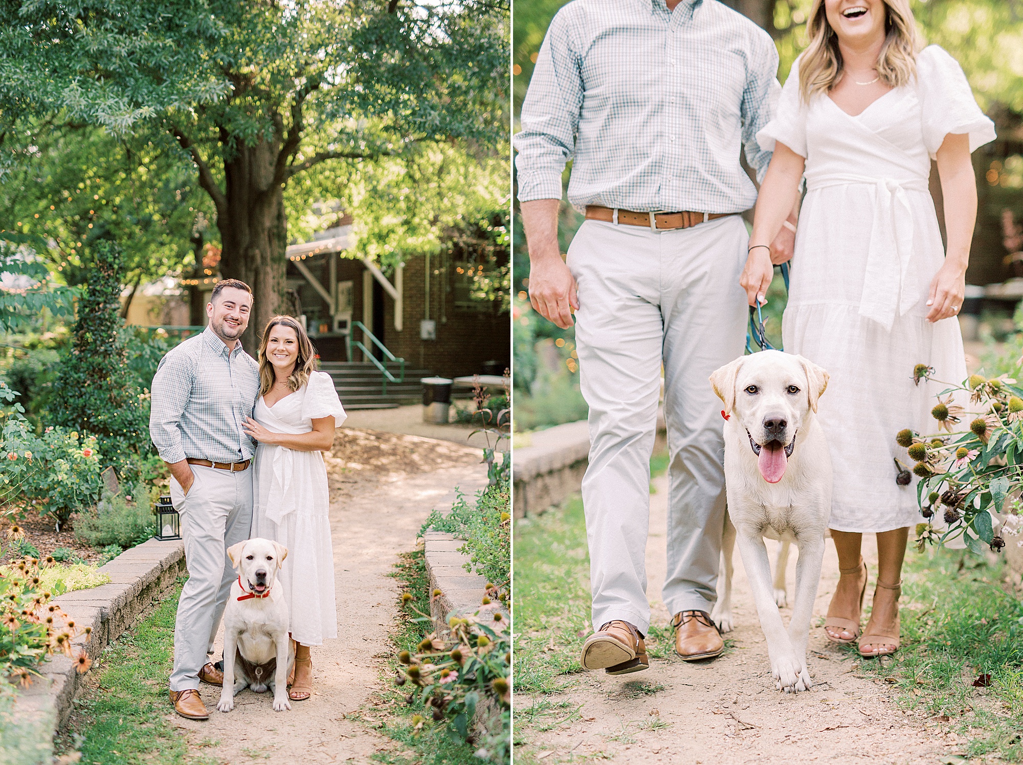 engaged couple hugs with dog between them during McGill Rose Garden engagement photos