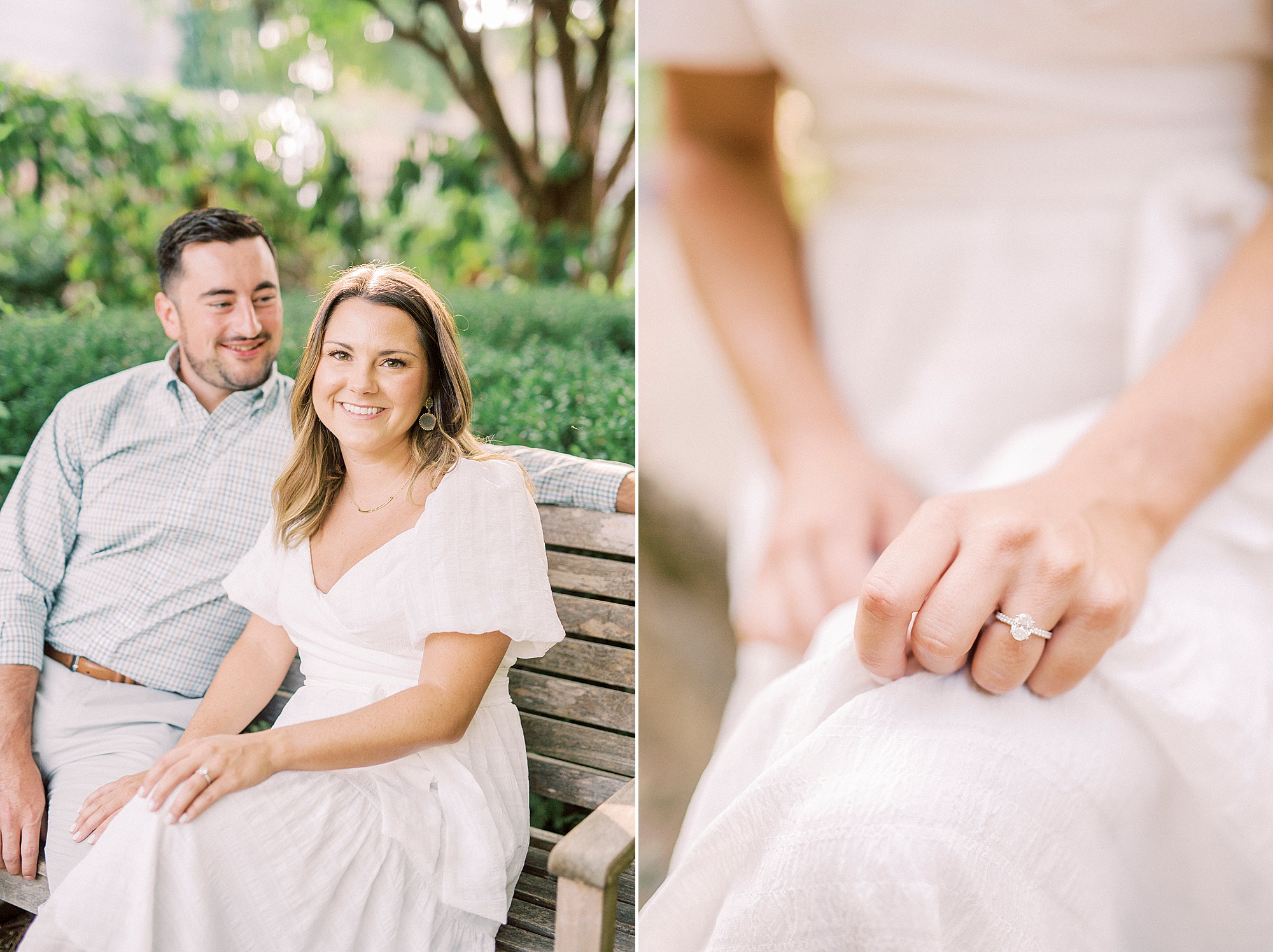 engaged couple sits on bench in McGill Rose Garden