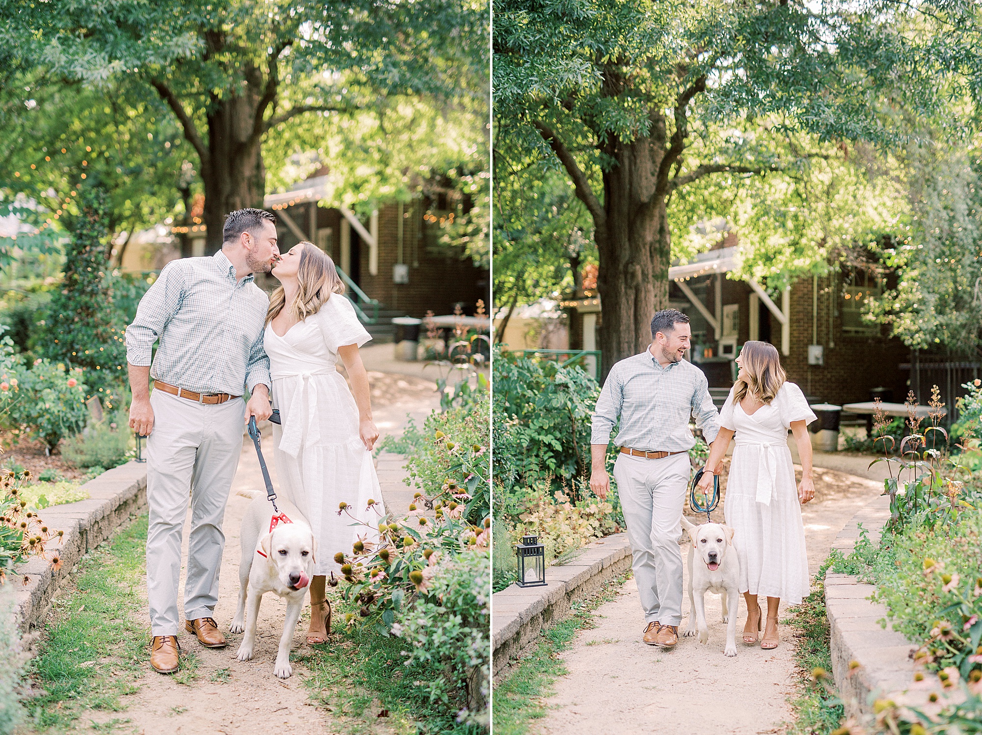 bride and groom kiss in McGill Rose Garden during engagement photos