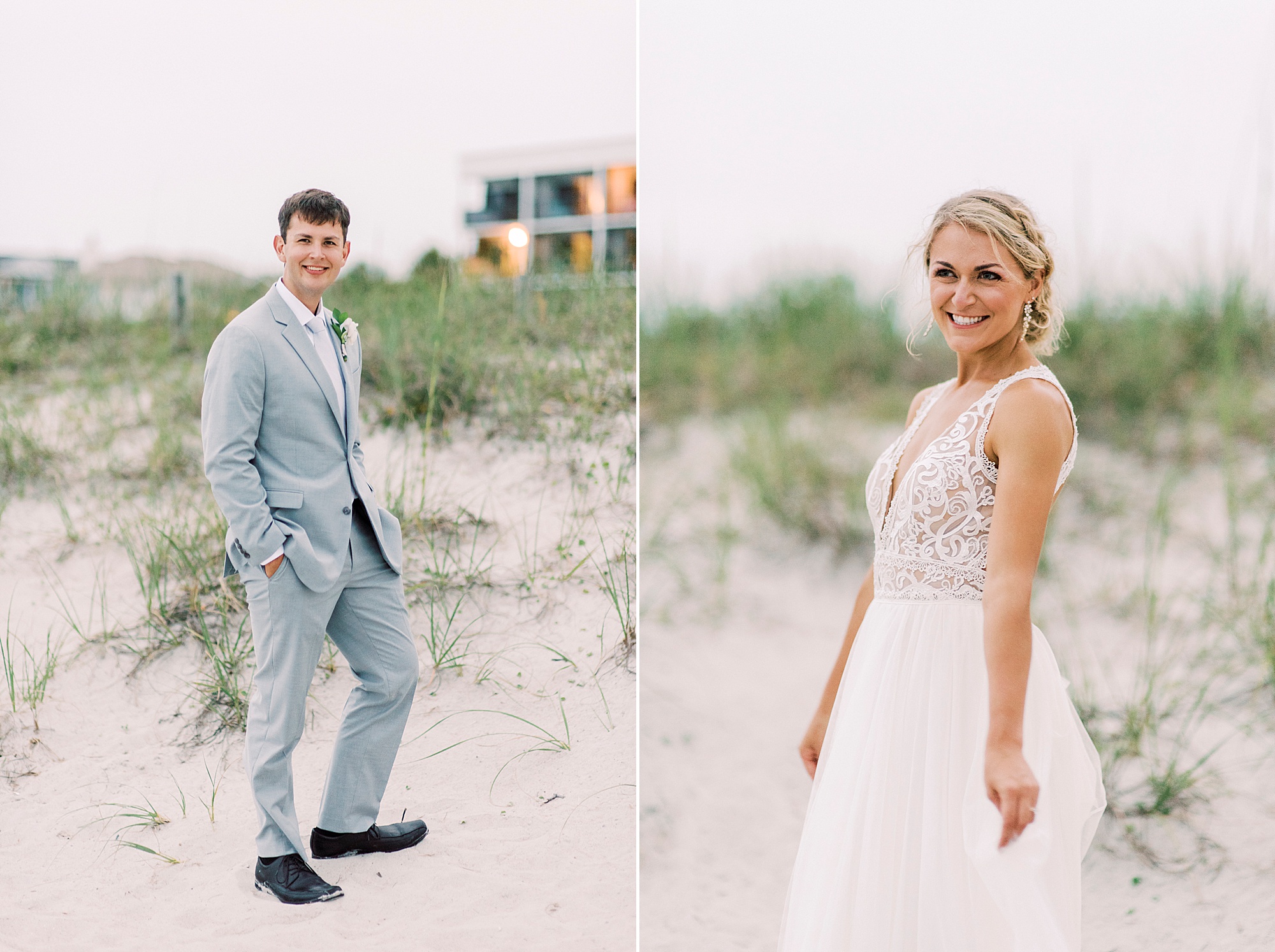 bride and groom stand on sand dunes