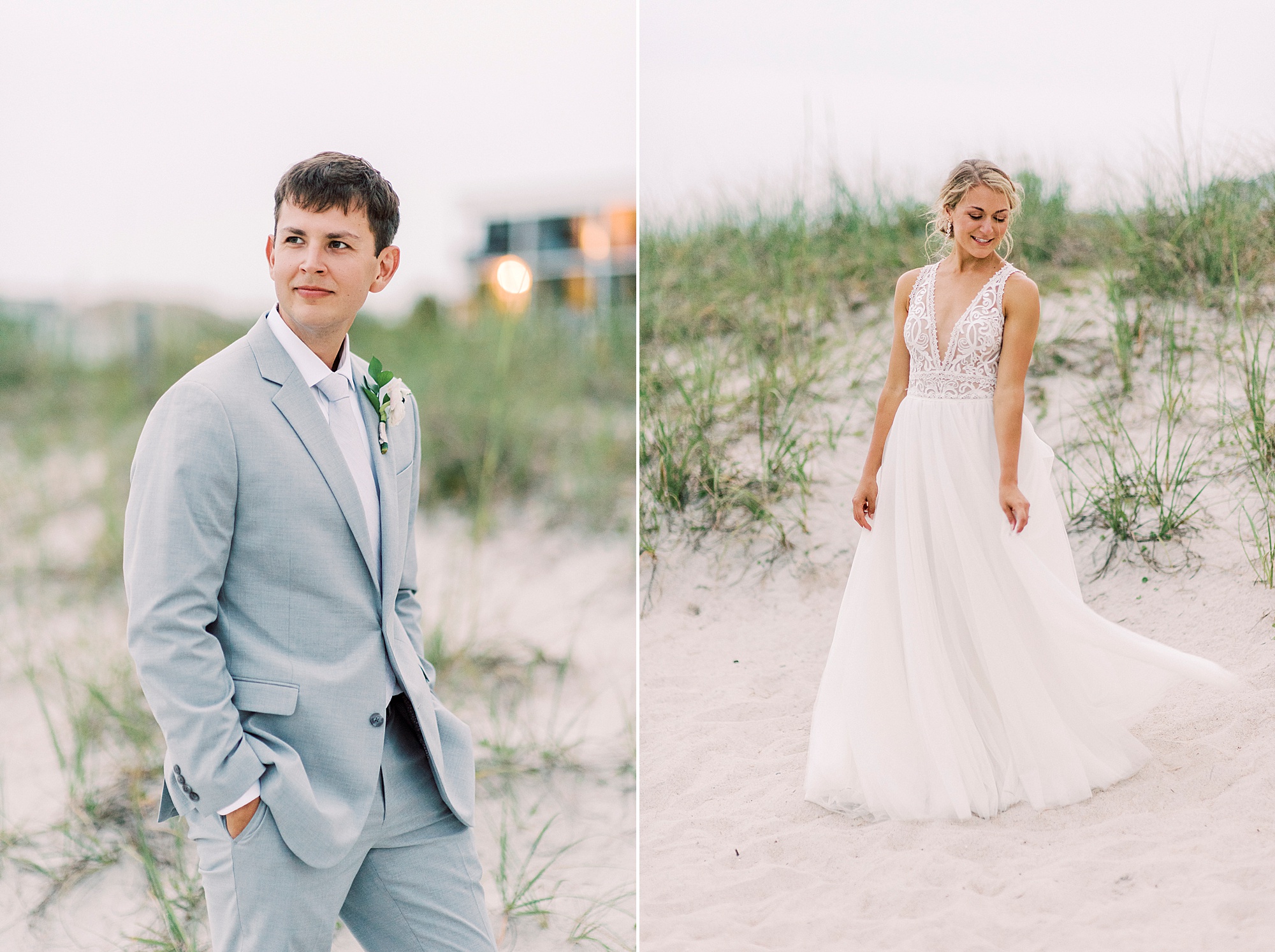 bride and groom pose on sand dunes at Wrightsville Beach