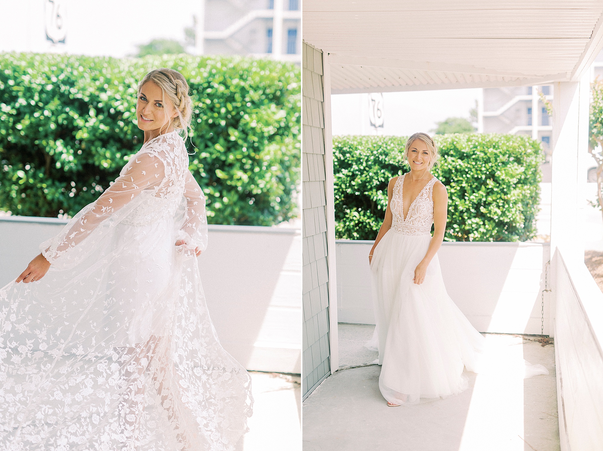 bride twirls wedding gown on porch of condo in Wilmington NC