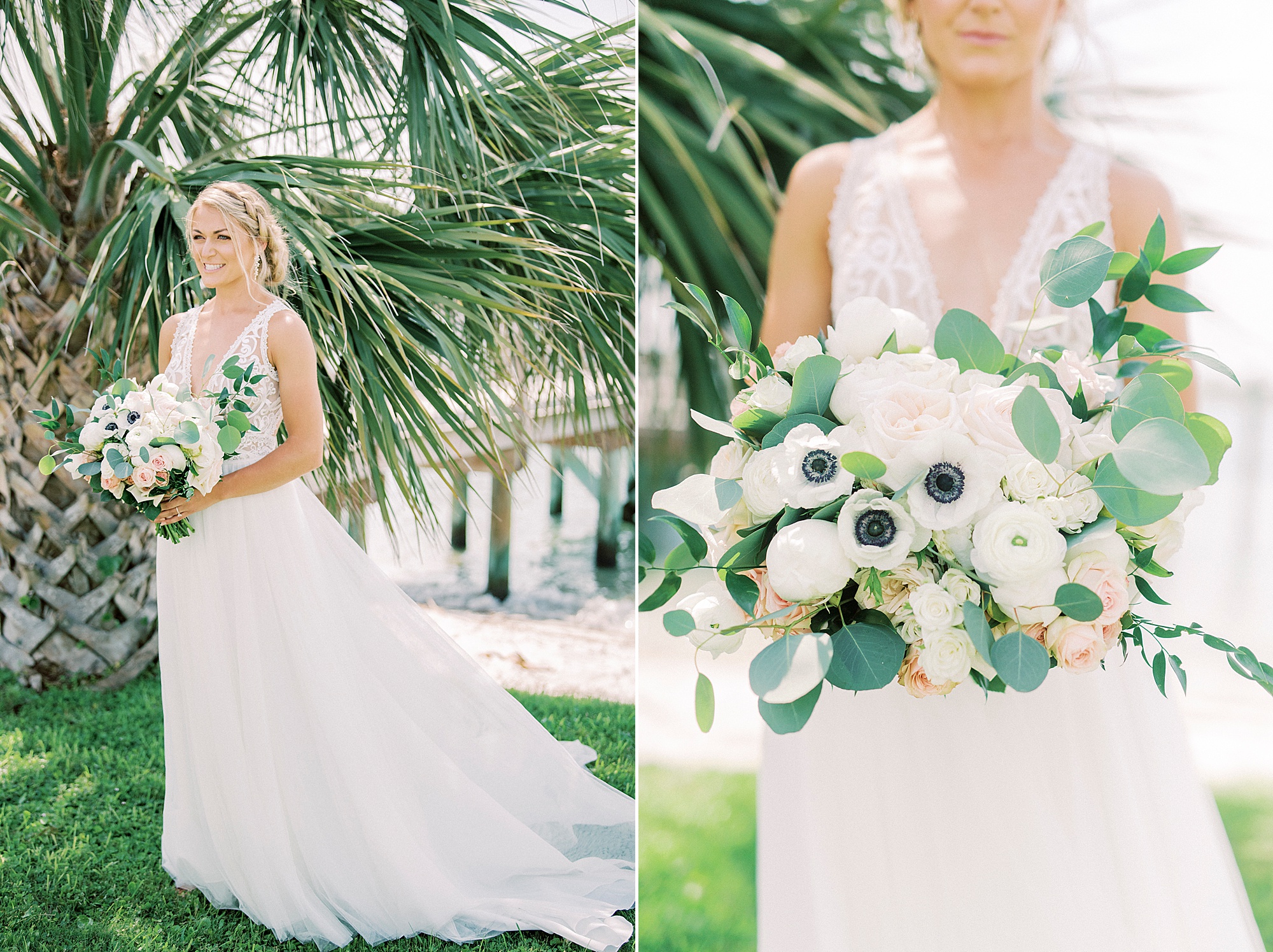 bride poses by palm tree in Wrightsville NC