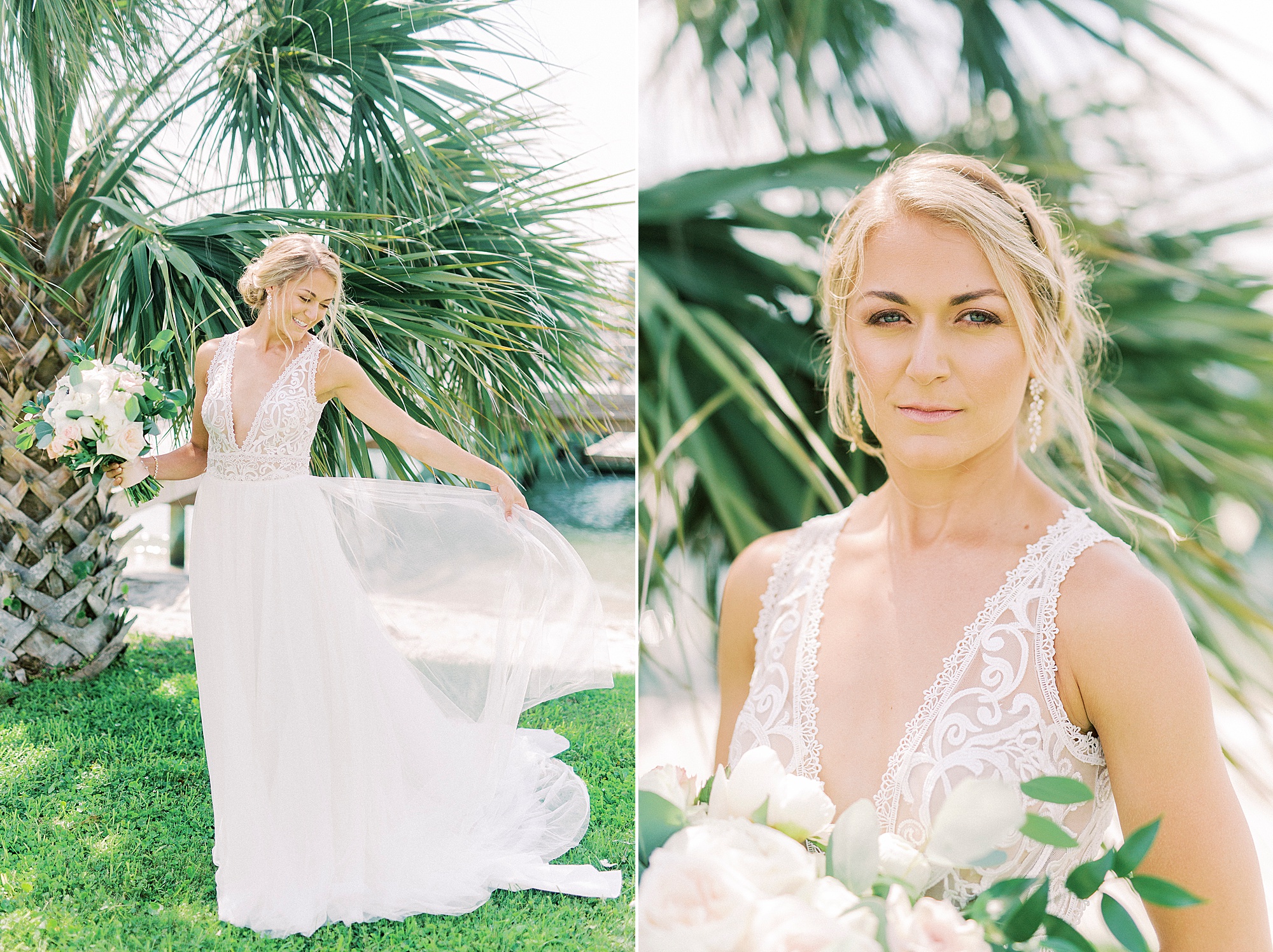 bride twirls wedding dress before beach wedding