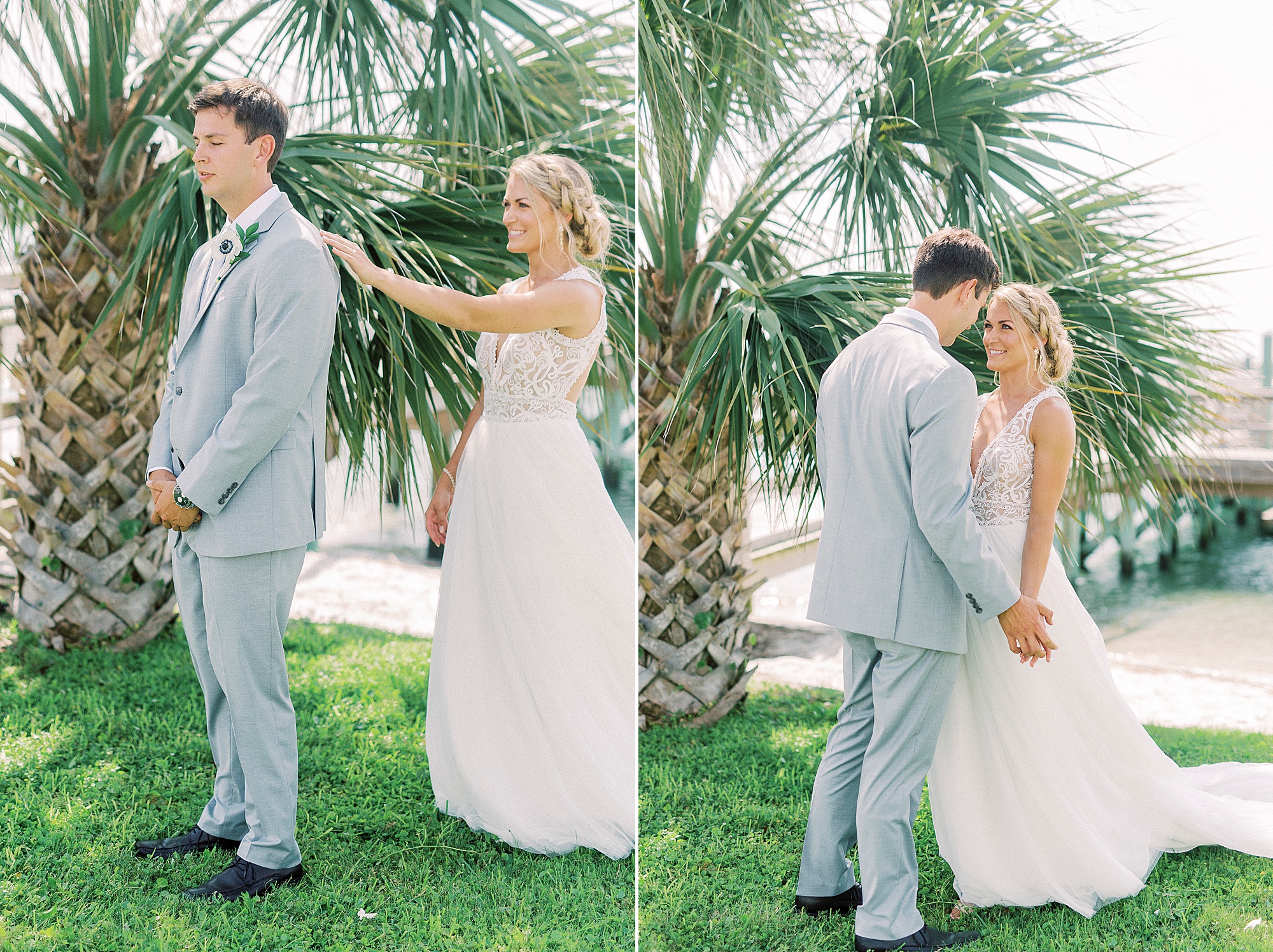 bride approaches groom for first look before Oceanic Restaurant wedding