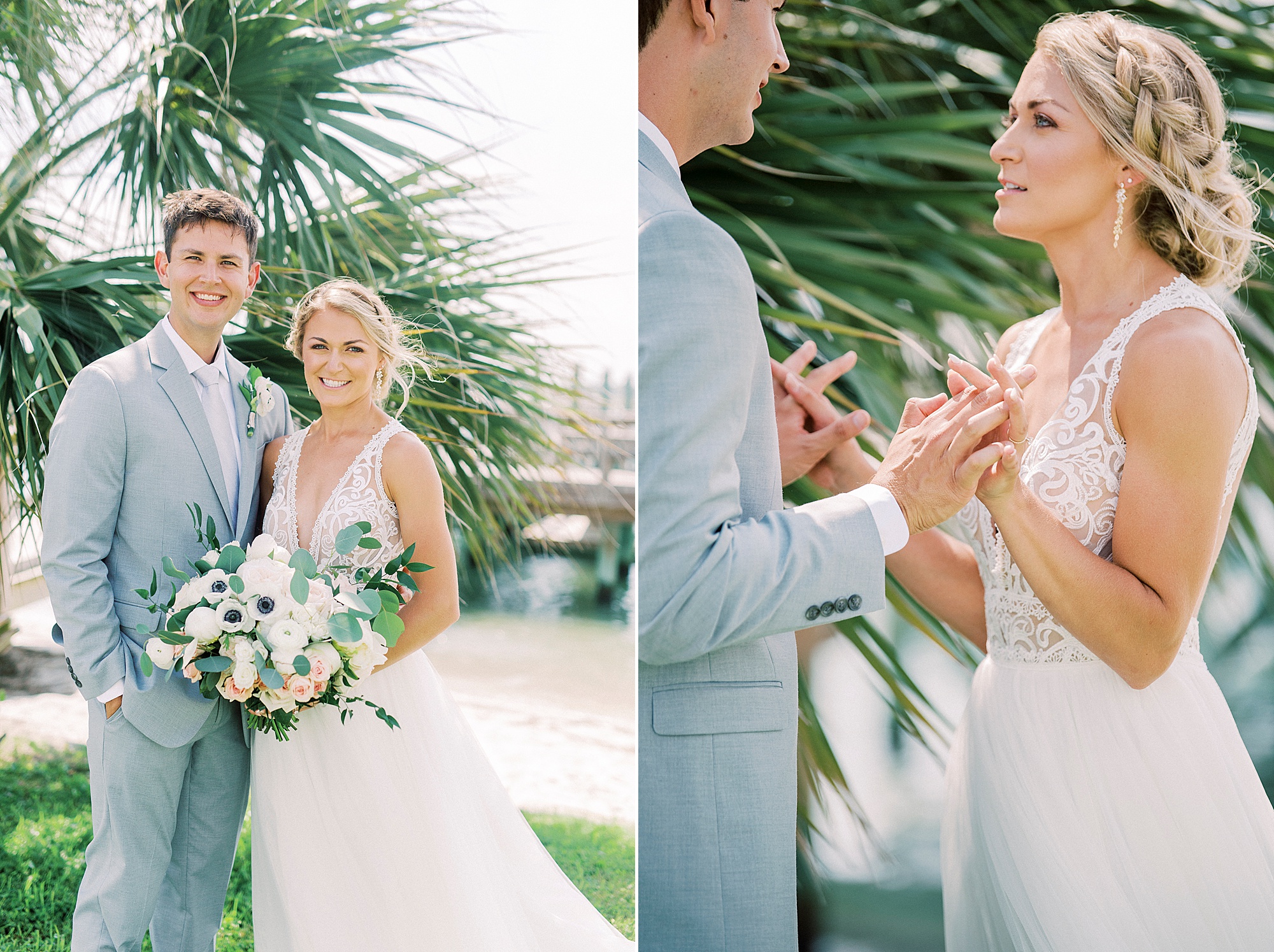 bride and groom hold hands on beach during Wrightsville wedding day