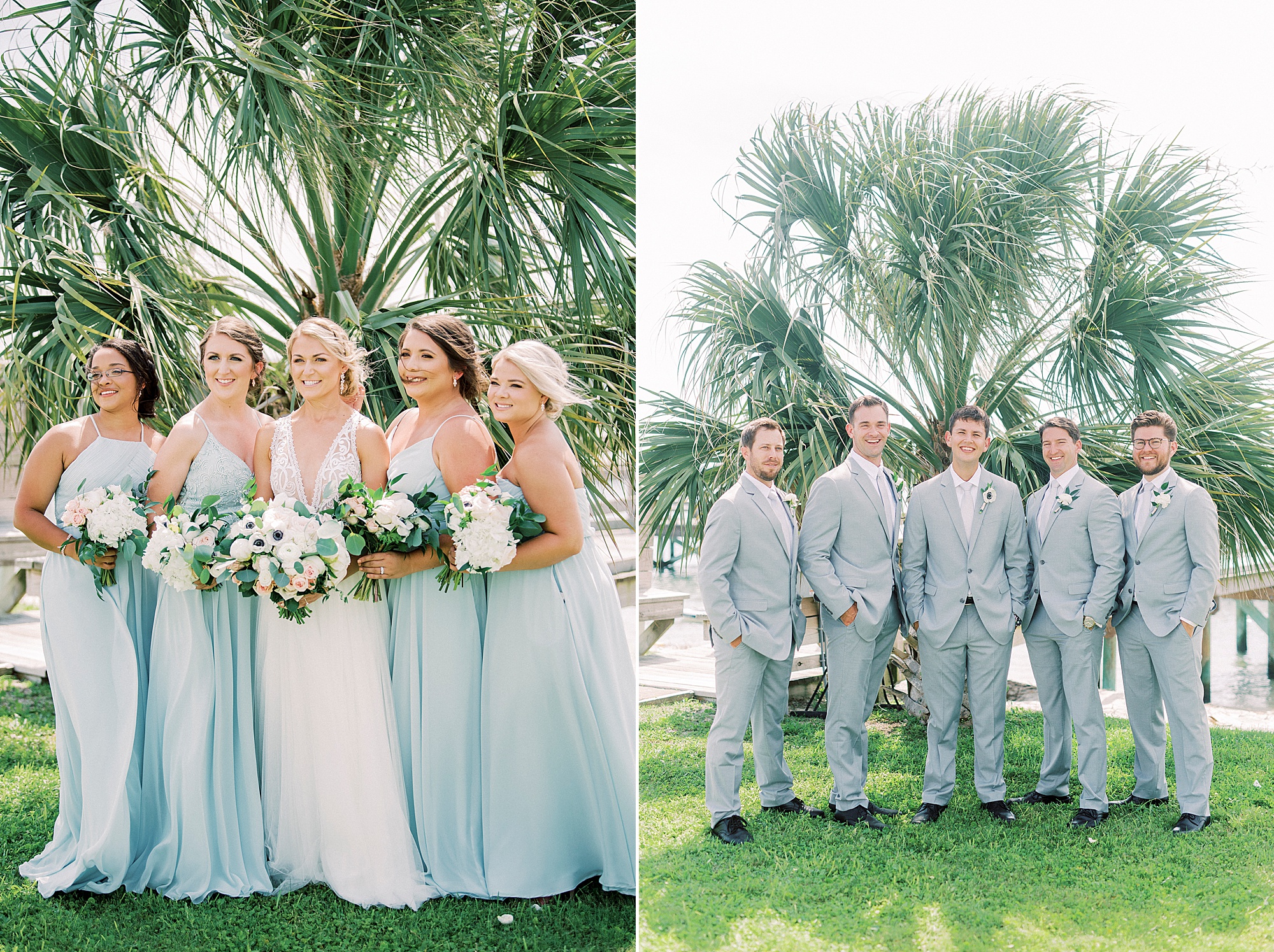 bride and groom pose with wedding party before Oceanic Restaurant wedding