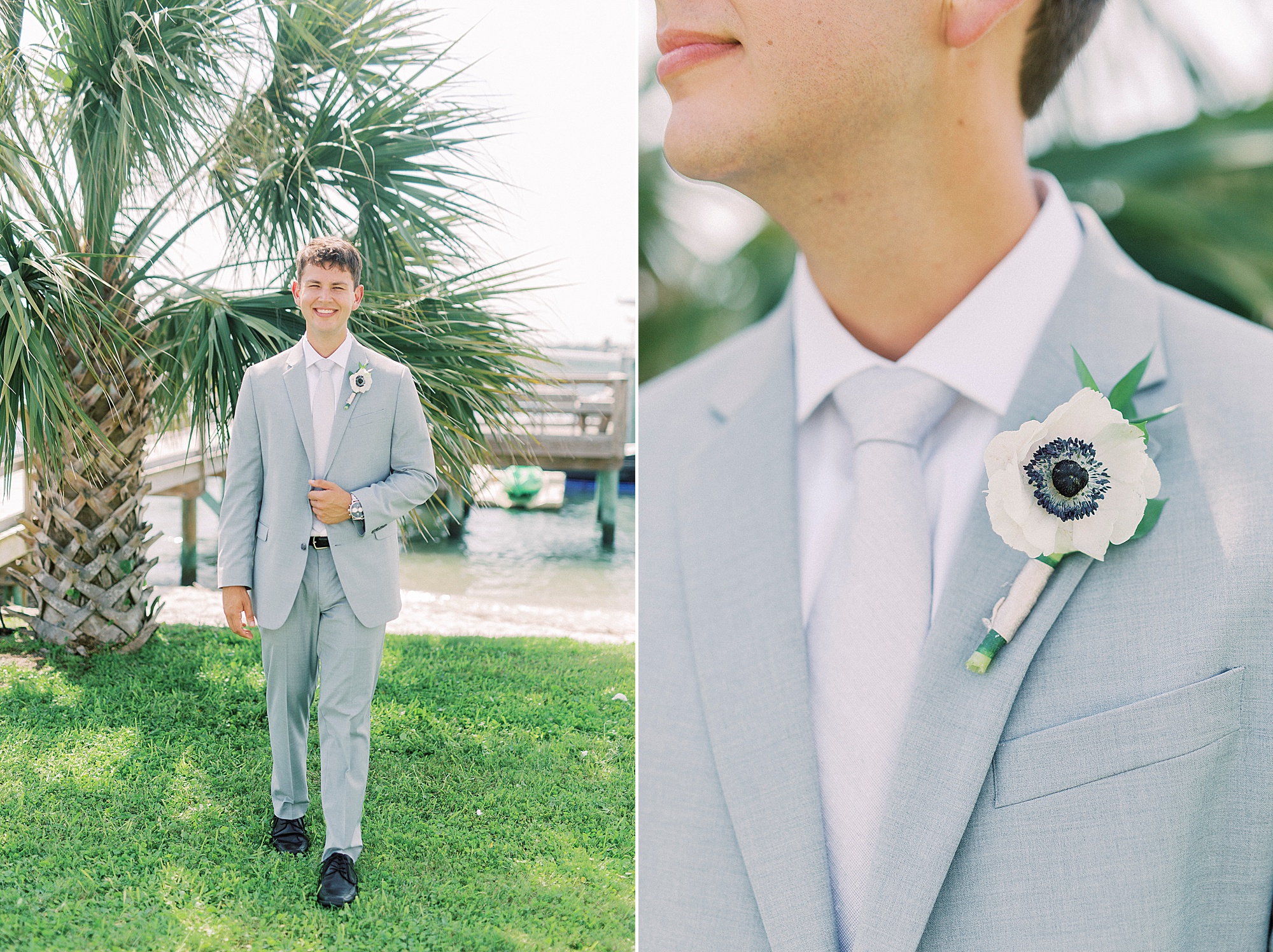 groom walks in light blue suit by pier at Wrightsville Beach