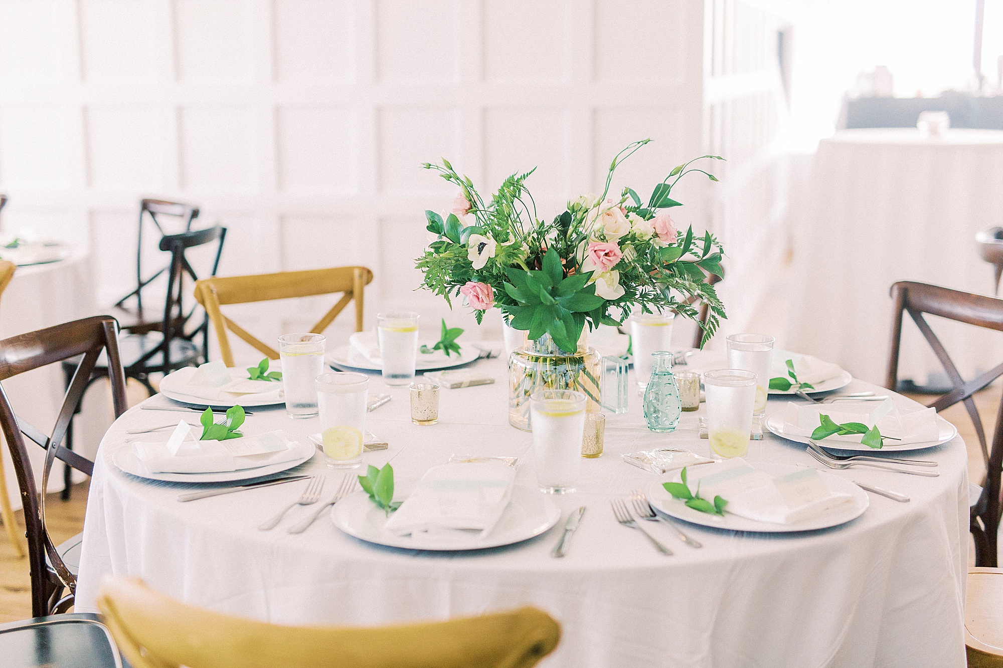 pink and white floral centerpieces for Oceanic Restaurant wedding reception