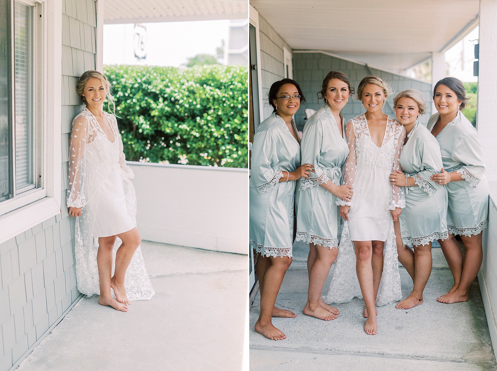 bride and bridesmaids pose on porch of Wilmington NC condo