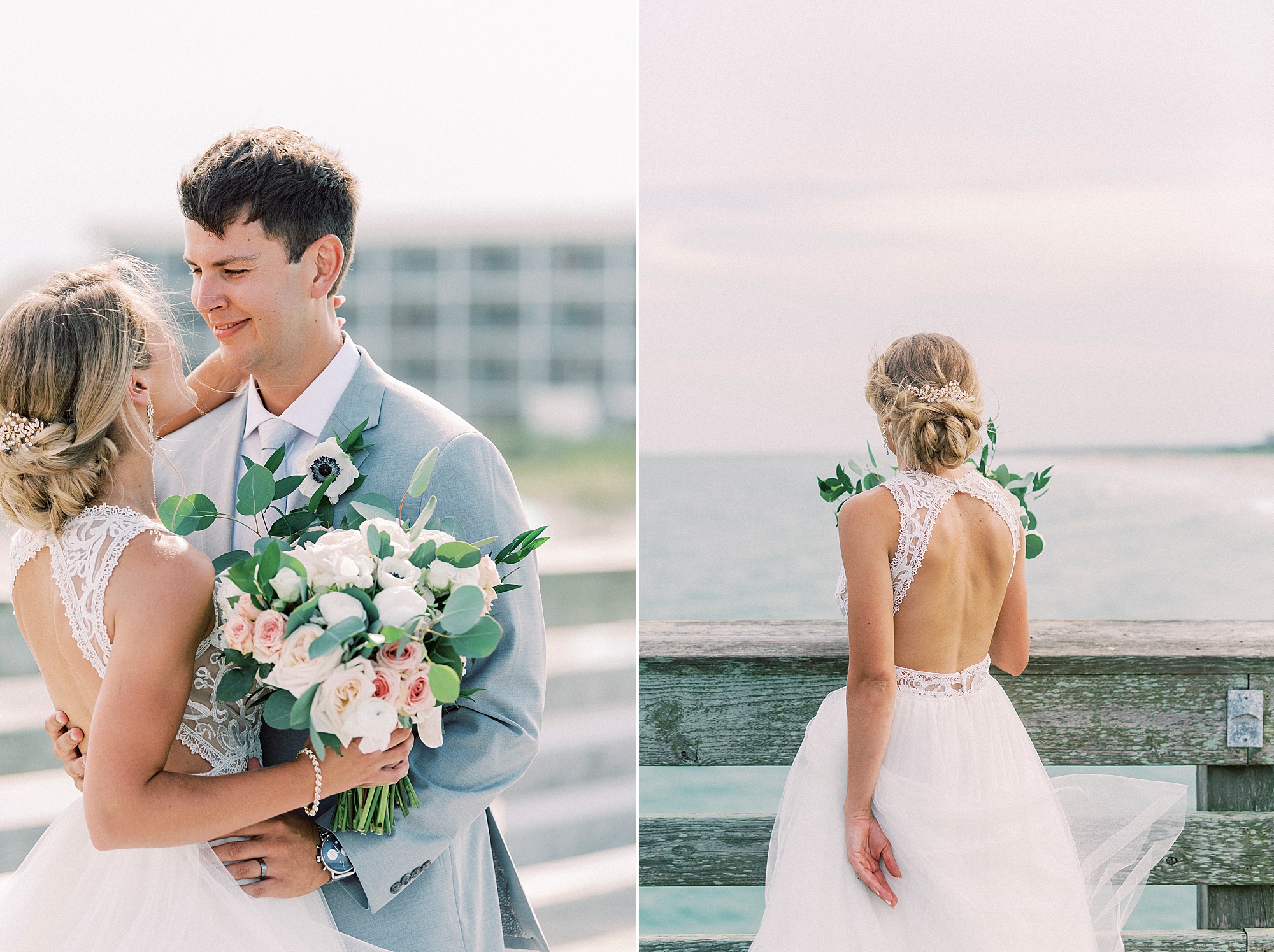 bride and groom pose on pier at Wrightsville Beach