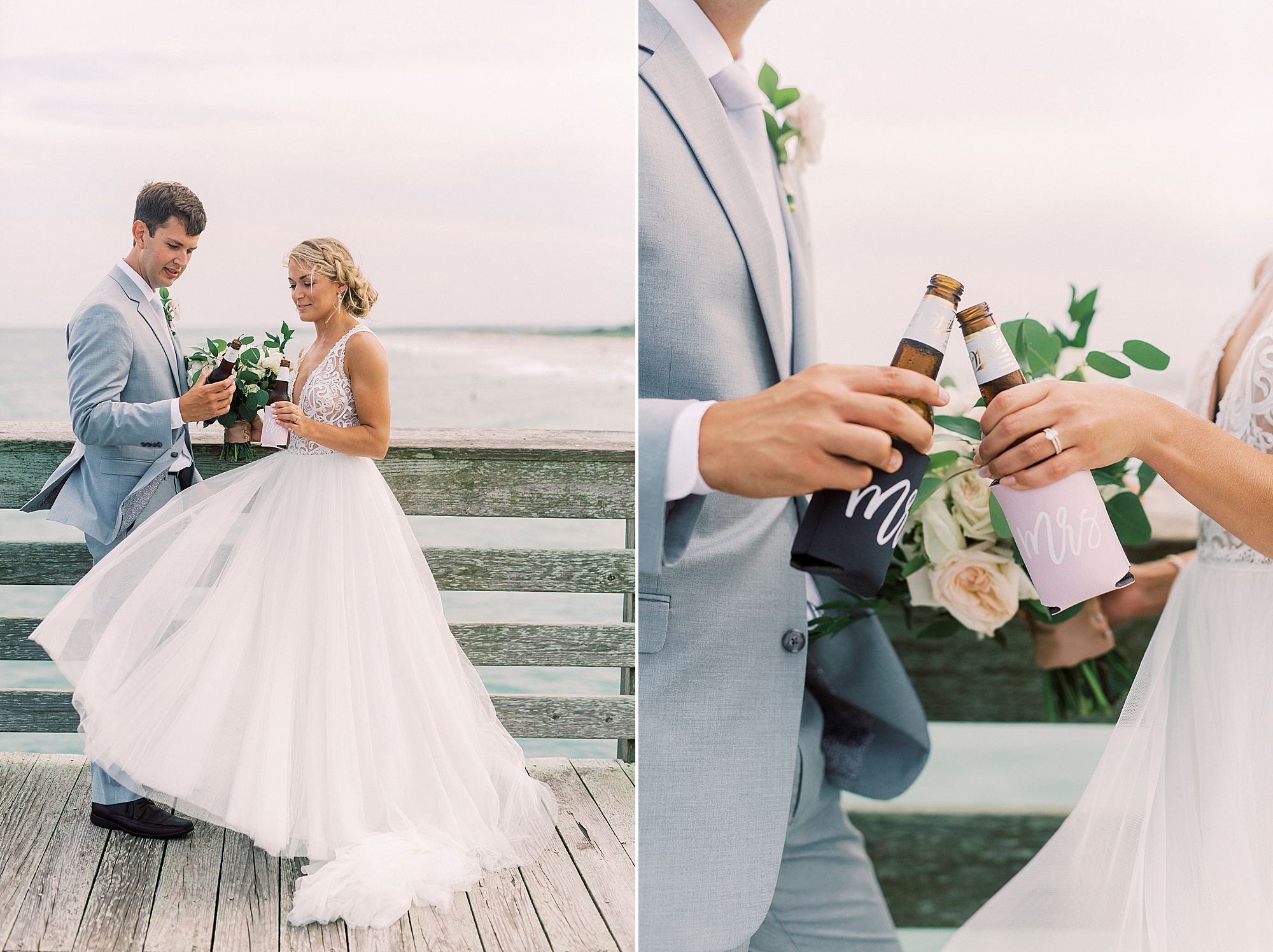 bride and groom toast beers on Wrightsville Beach pier