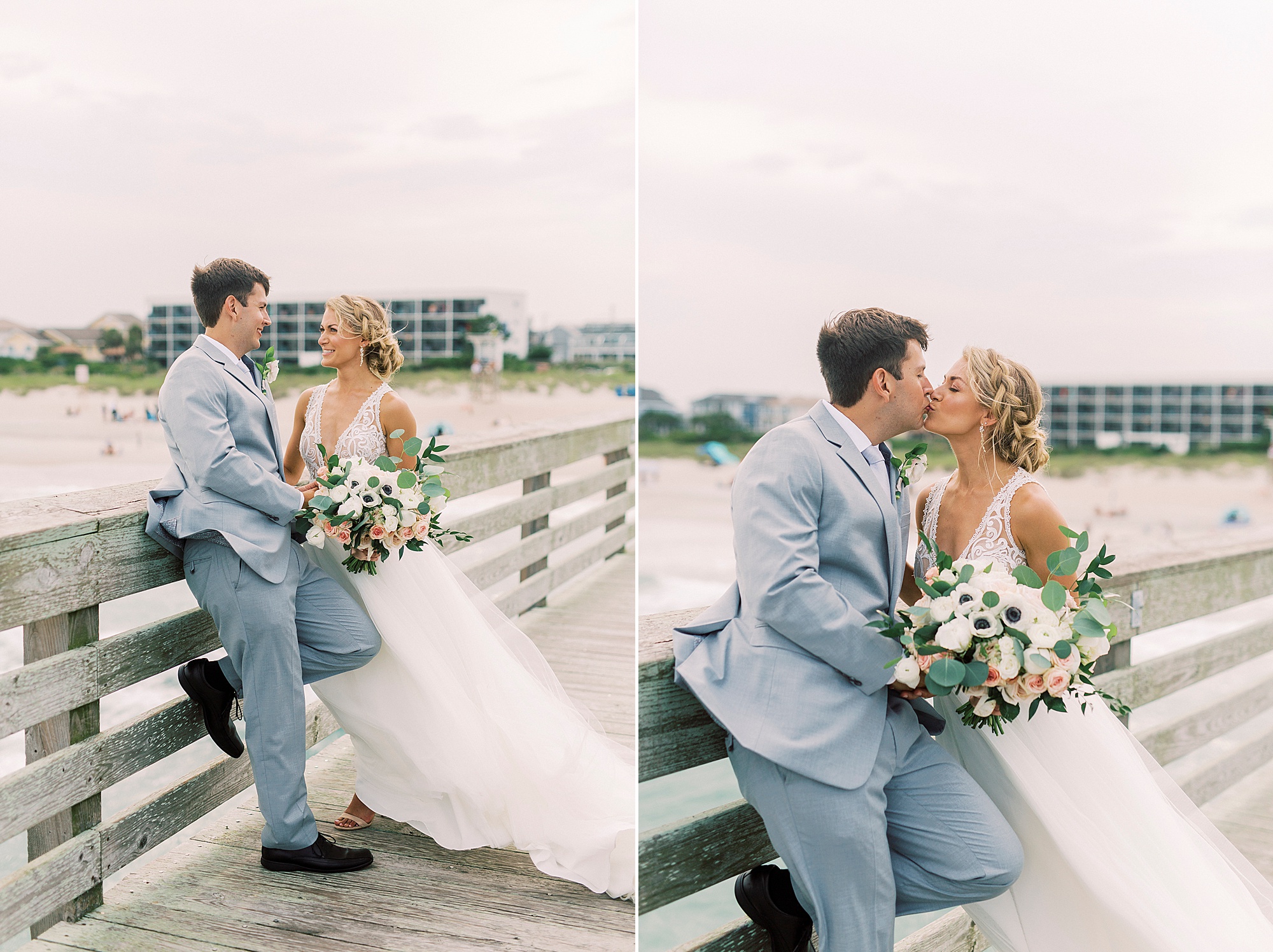 wedding portraits on pier at Wrightsville Beach