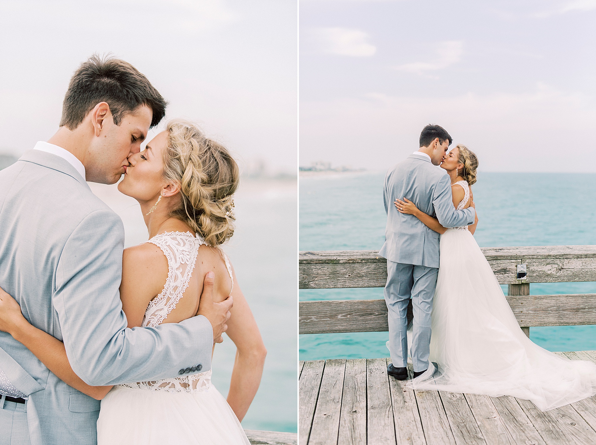 wedding portraits on pier at Wrightsville Beach