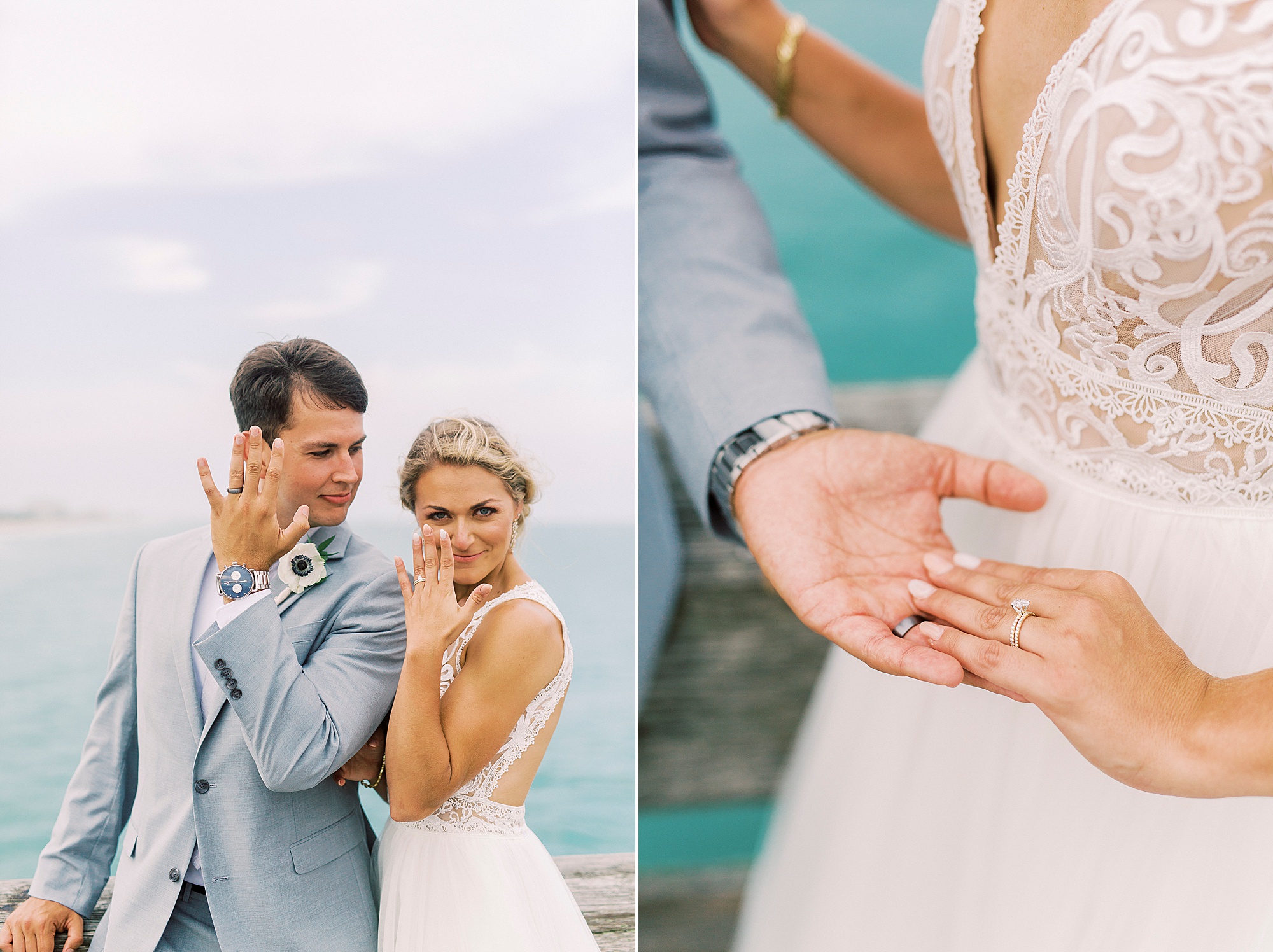 bride and groom show off wedding bands
