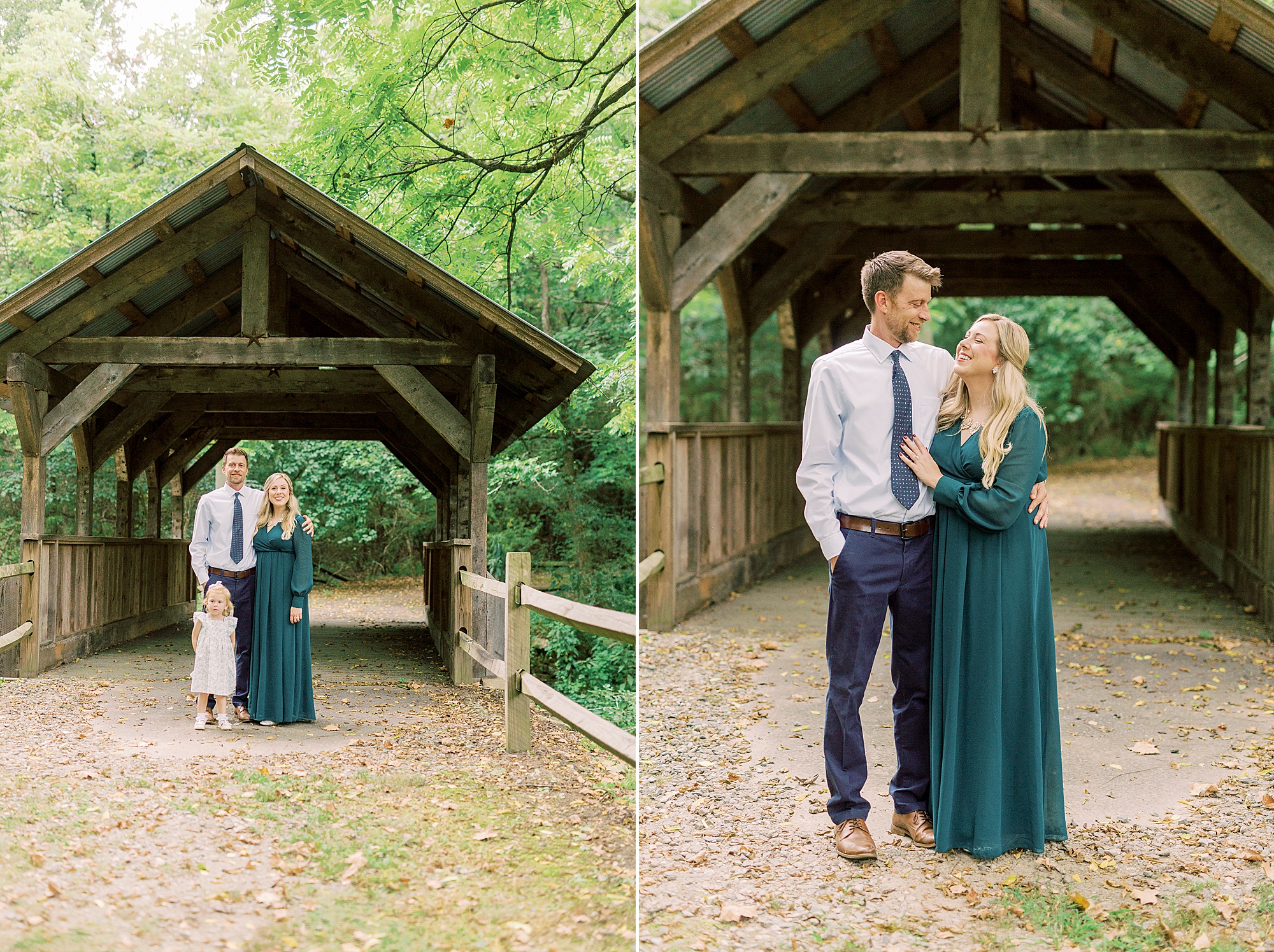 family of three poses by bridge at Vesuvius Vineyards