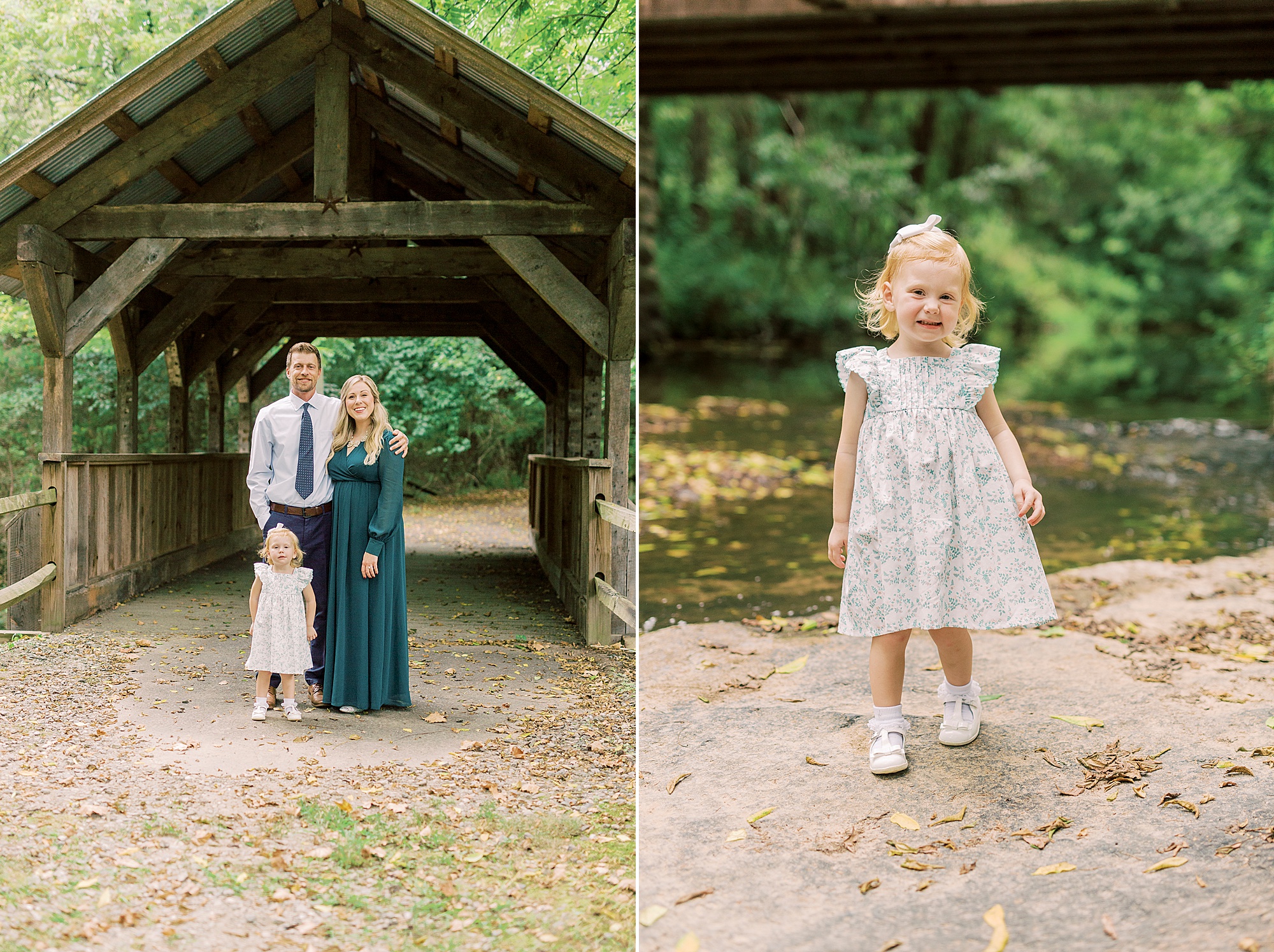 family poses by covered bridge at Vesuvius Vineyards
