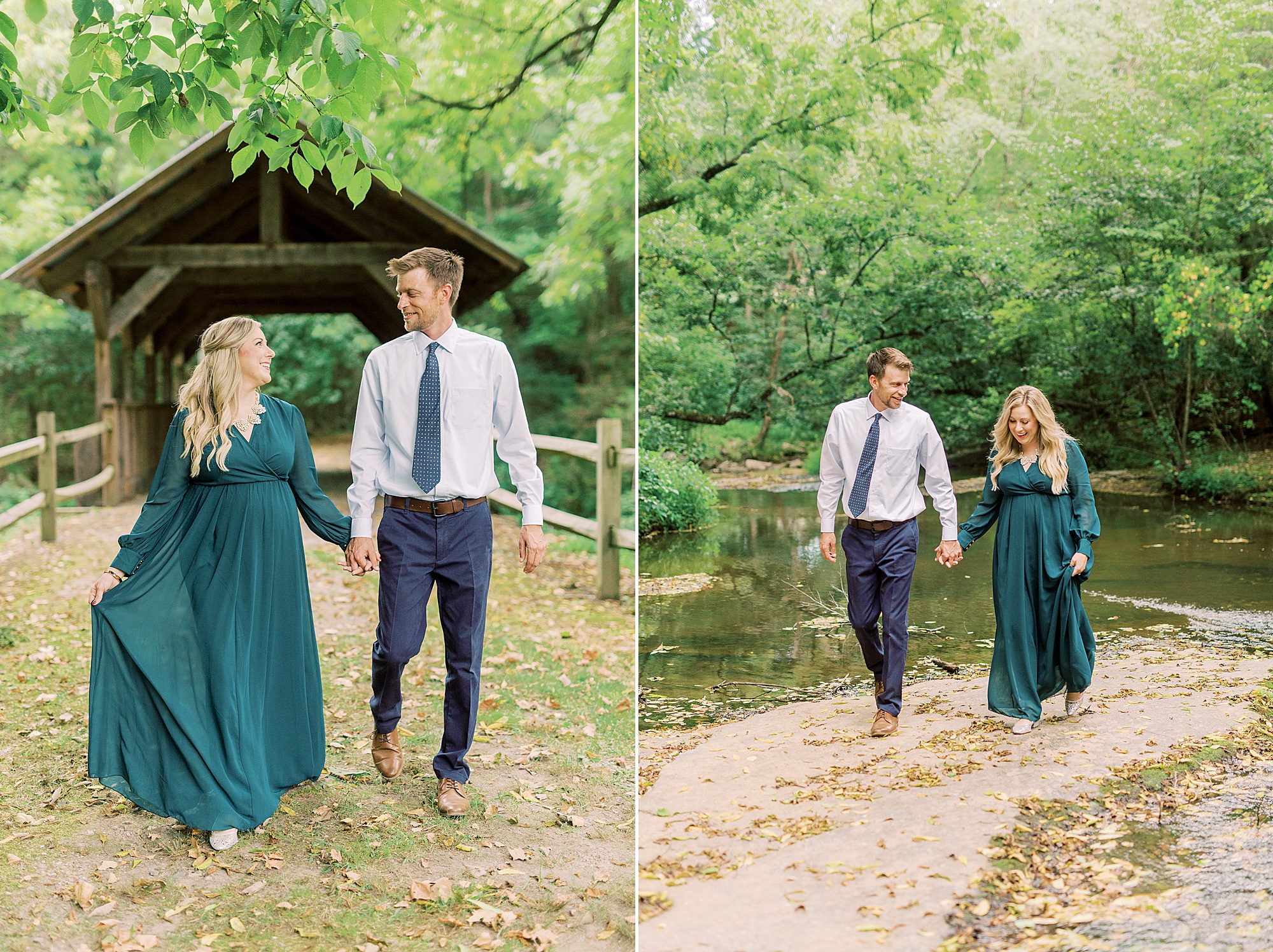 engaged couple walks along water at Vesuvius Vineyards