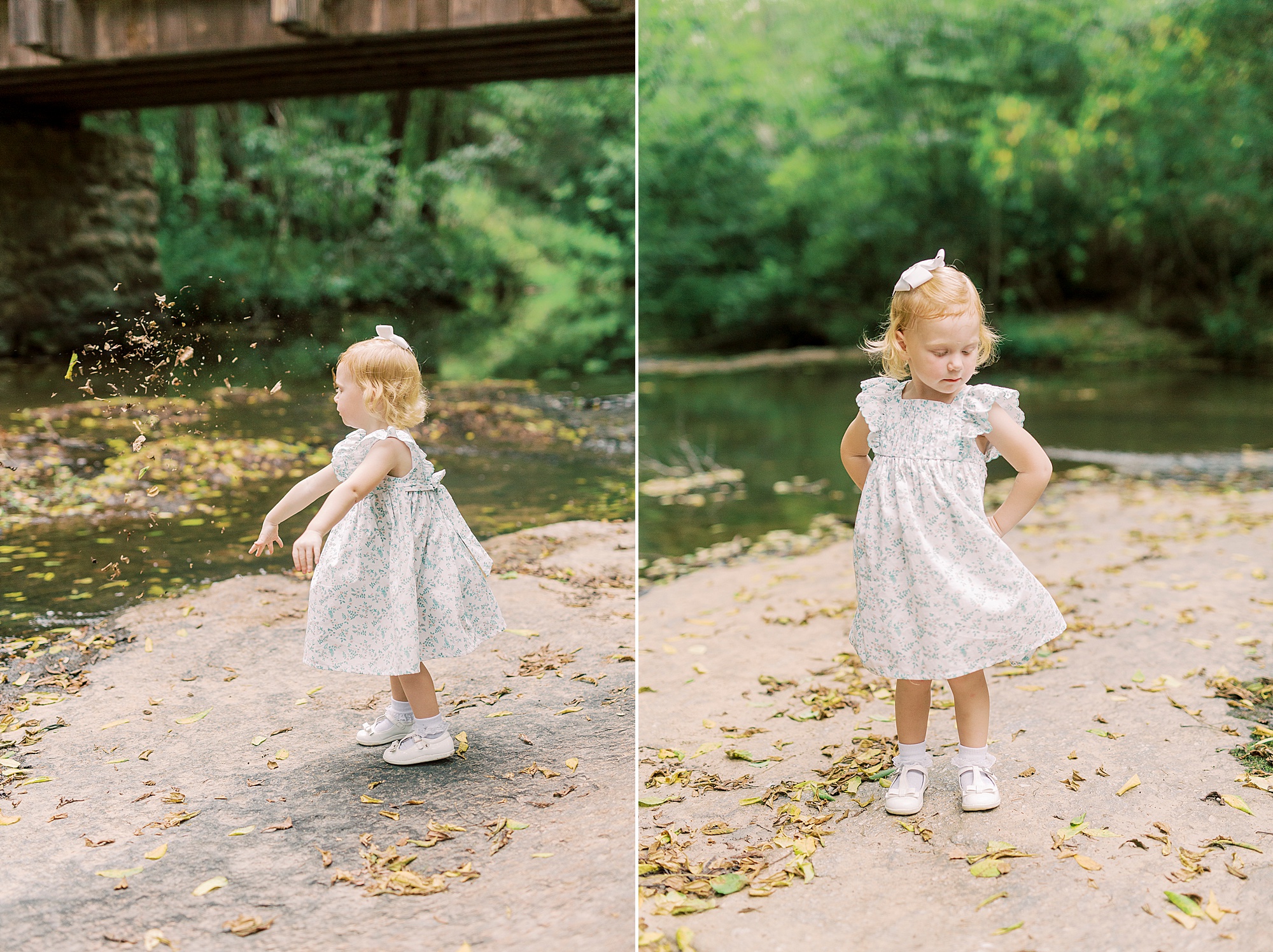 toddler twirls by water at Vesuvius Vineyards