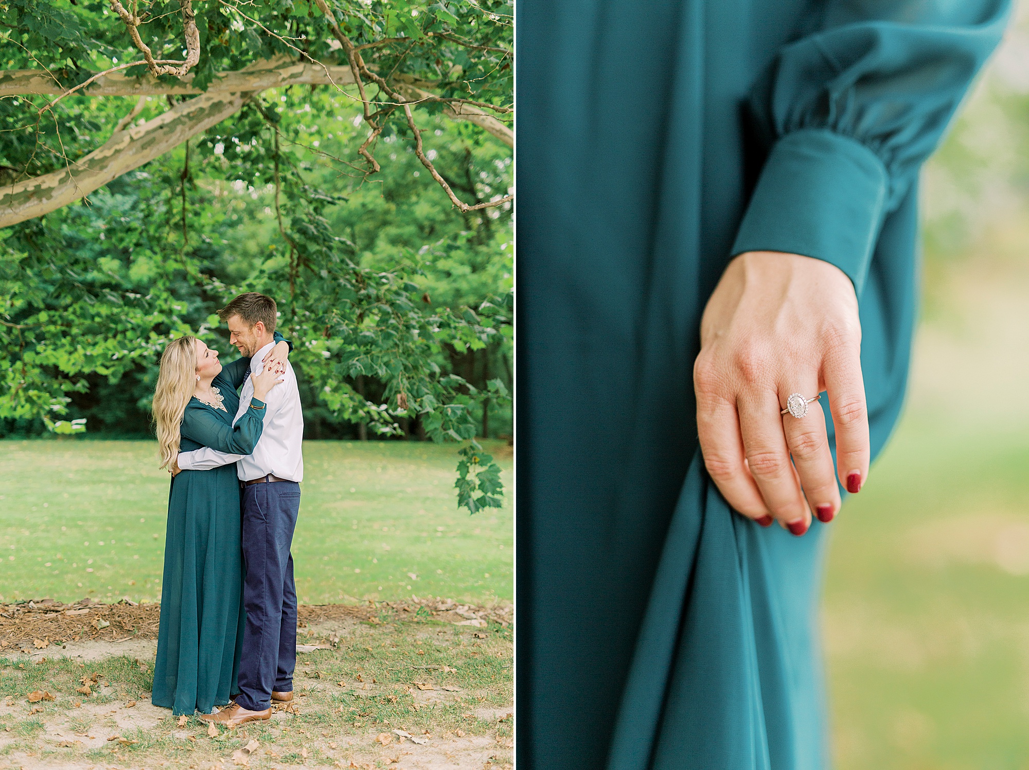 bride holds teal gown showing off engagement ring
