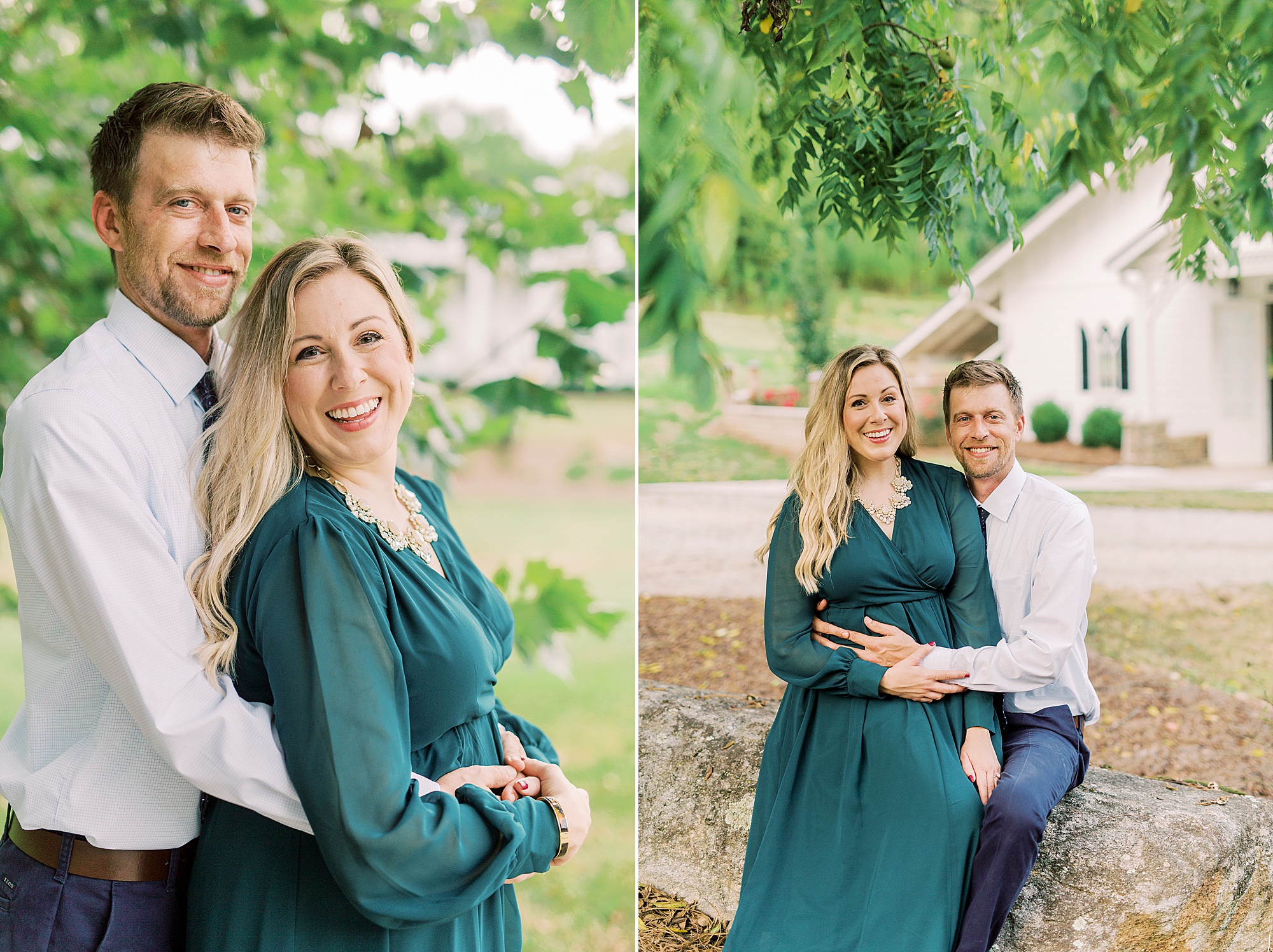 bride and groom sit on stone wall