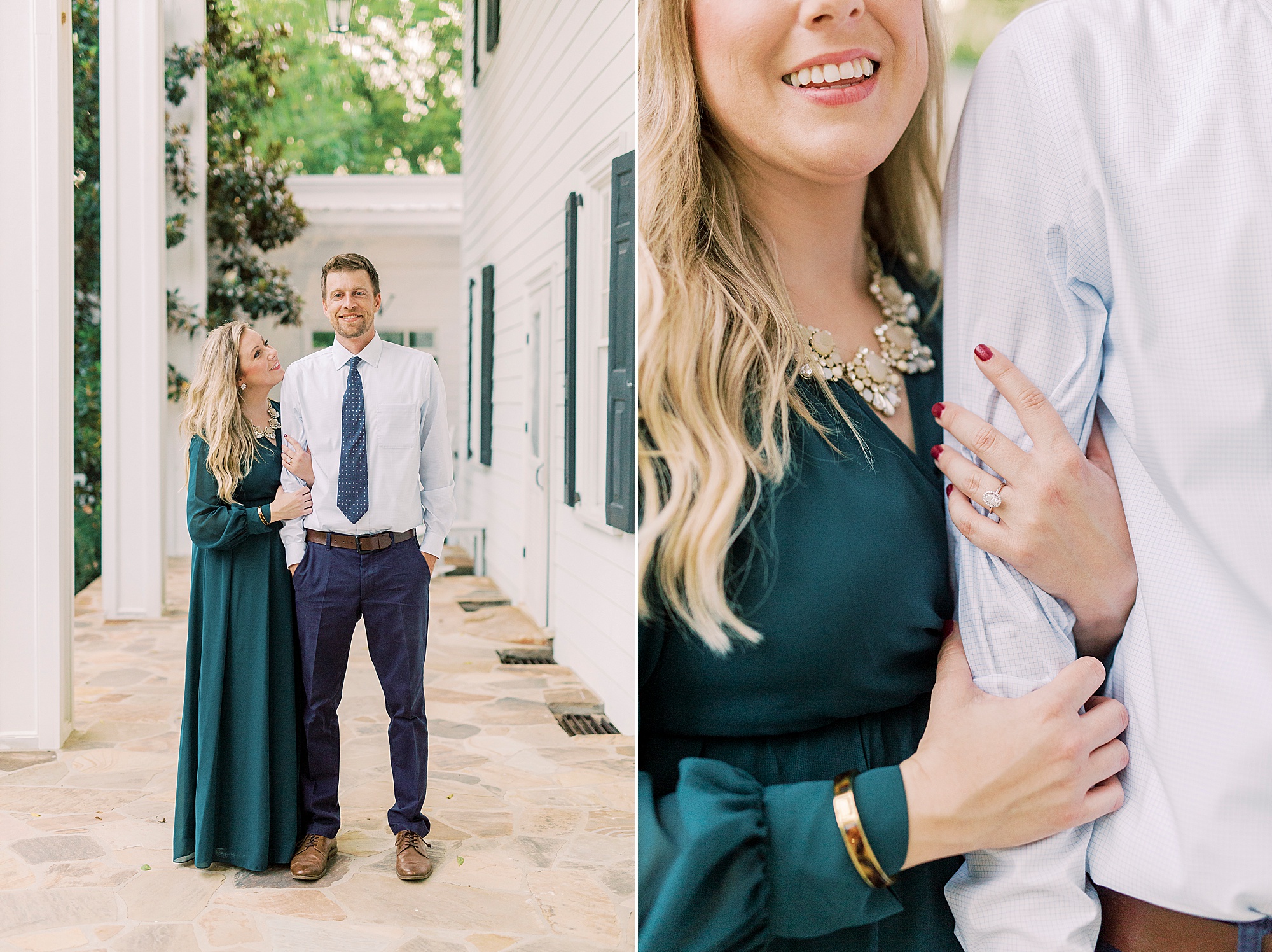 engaged couple poses by house at Vesuvius Vineyards