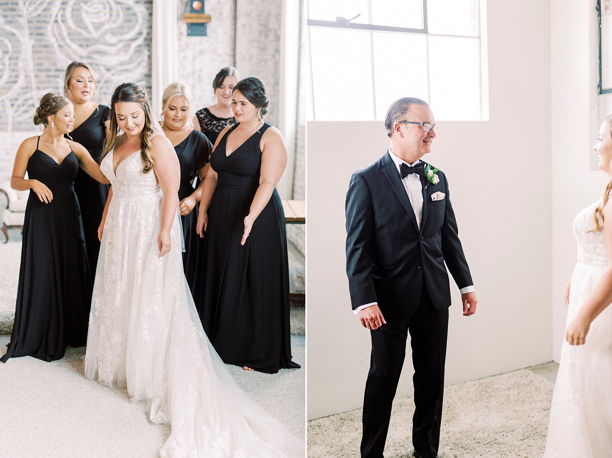 bride prepares for NC wedding day with bridesmaids in black gowns