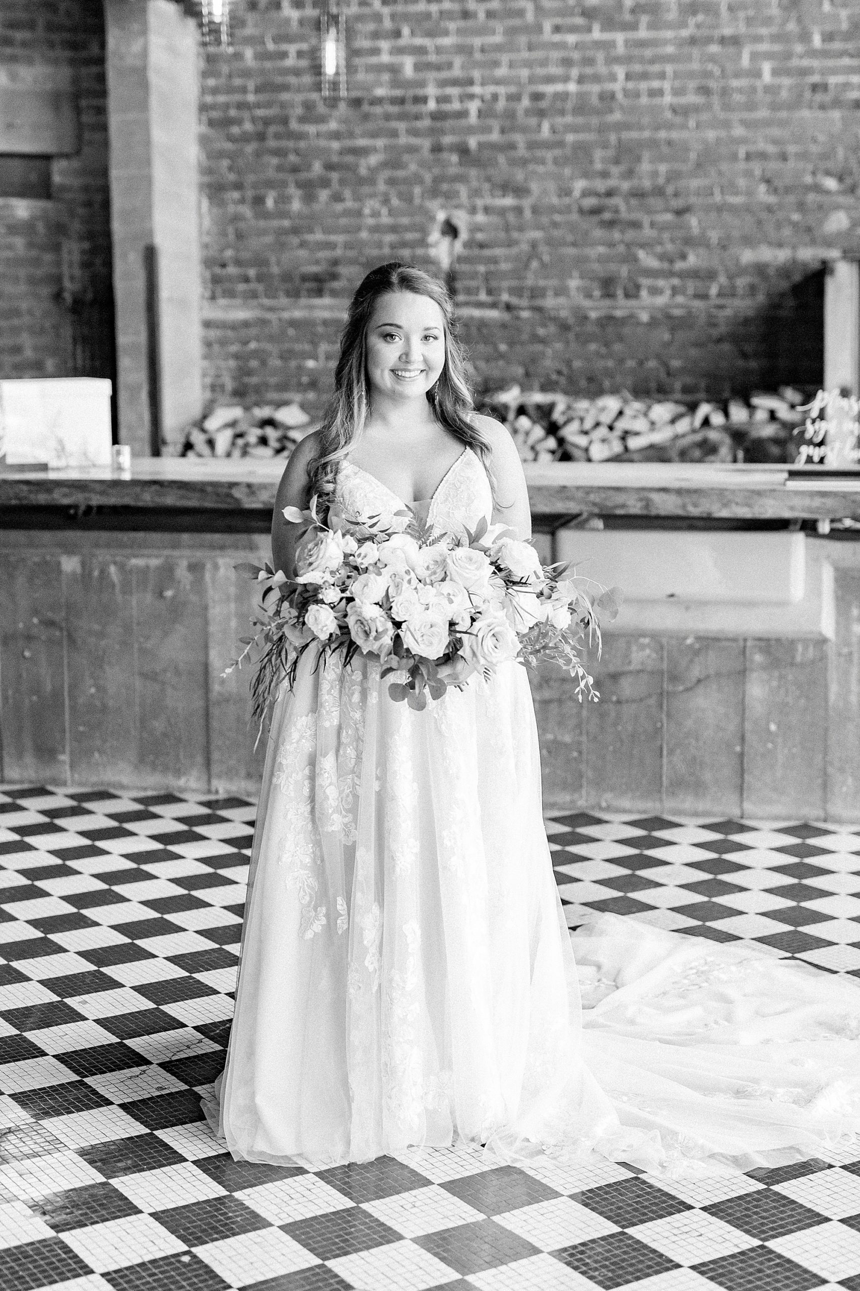 Cadillac Service Garage bridal portrait for bride in classic gown