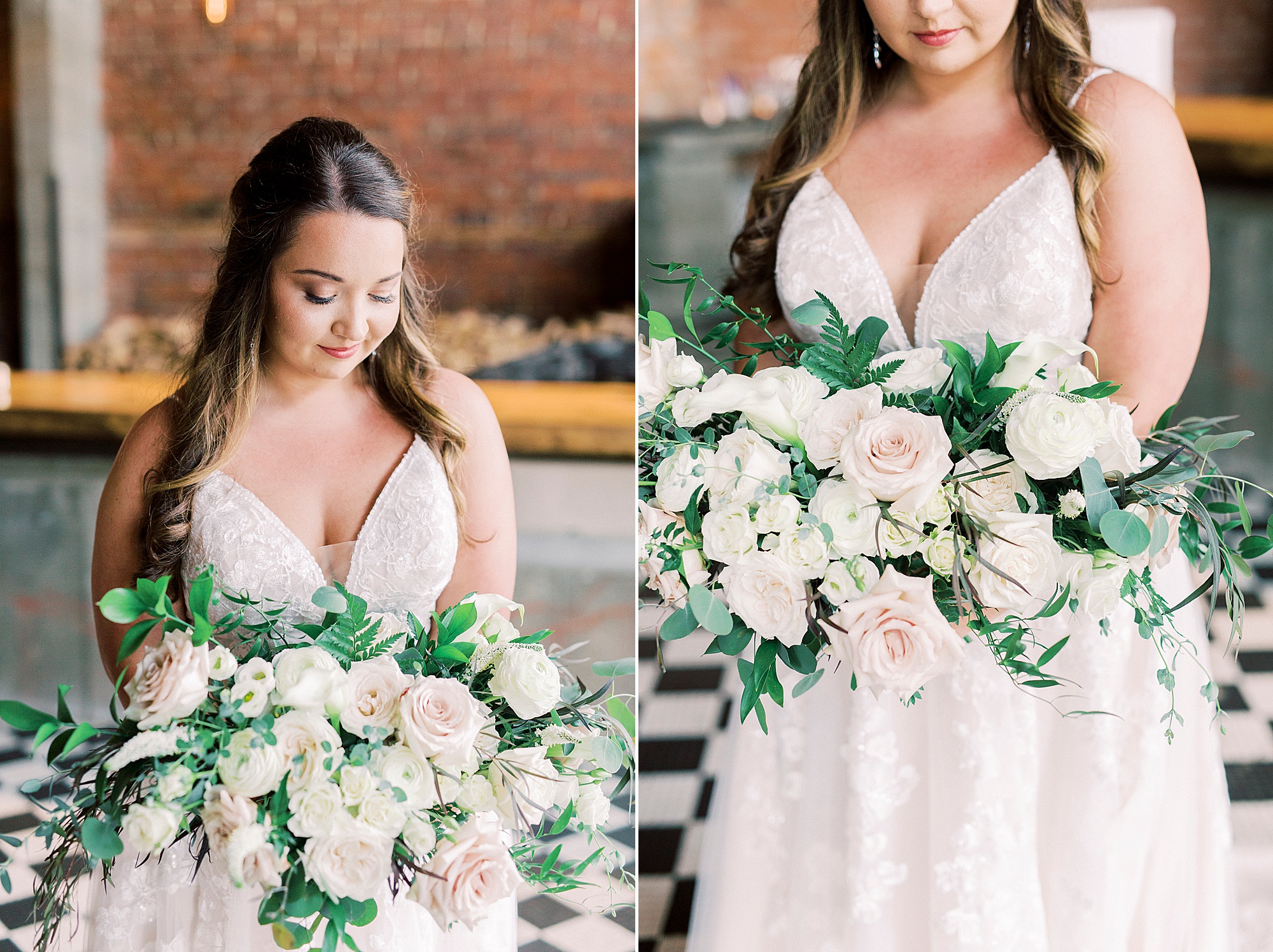 bride holds bouquet of white flowers at Cadillac Service Garage