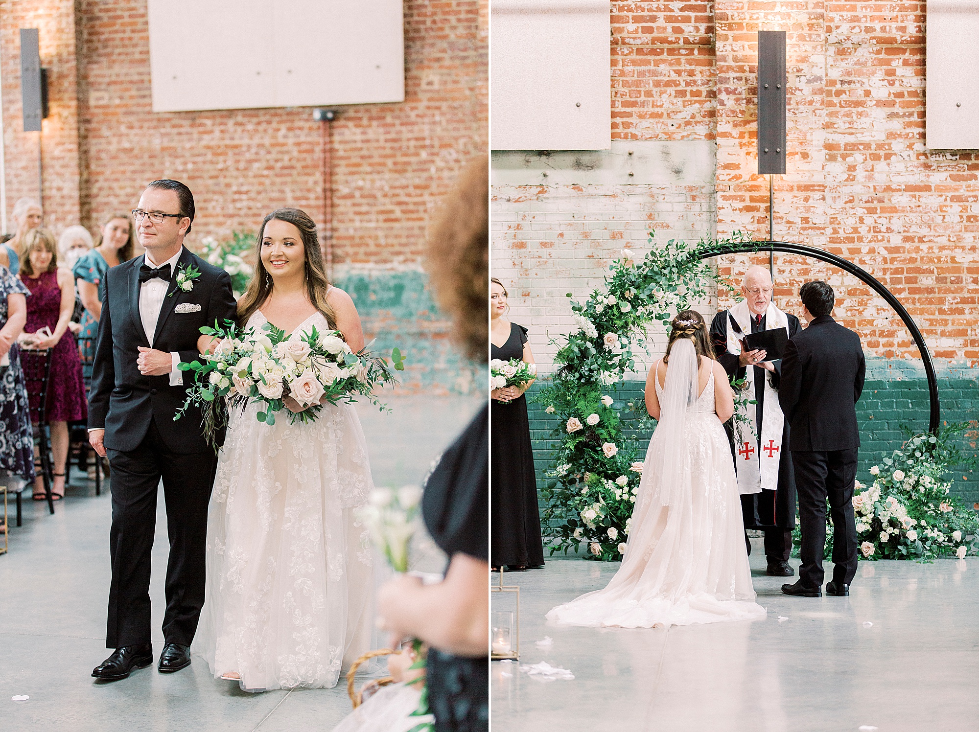 wedding ceremony by brick wall in the Cadillac Service Garage