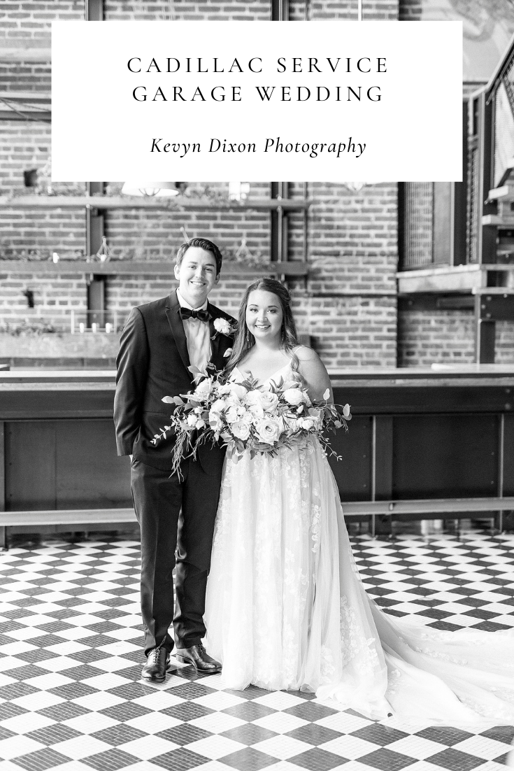 Classic Cadillac Service Garage Wedding with black and white color palette photographed by Kevyn Dixon Photography, NC wedding photographer