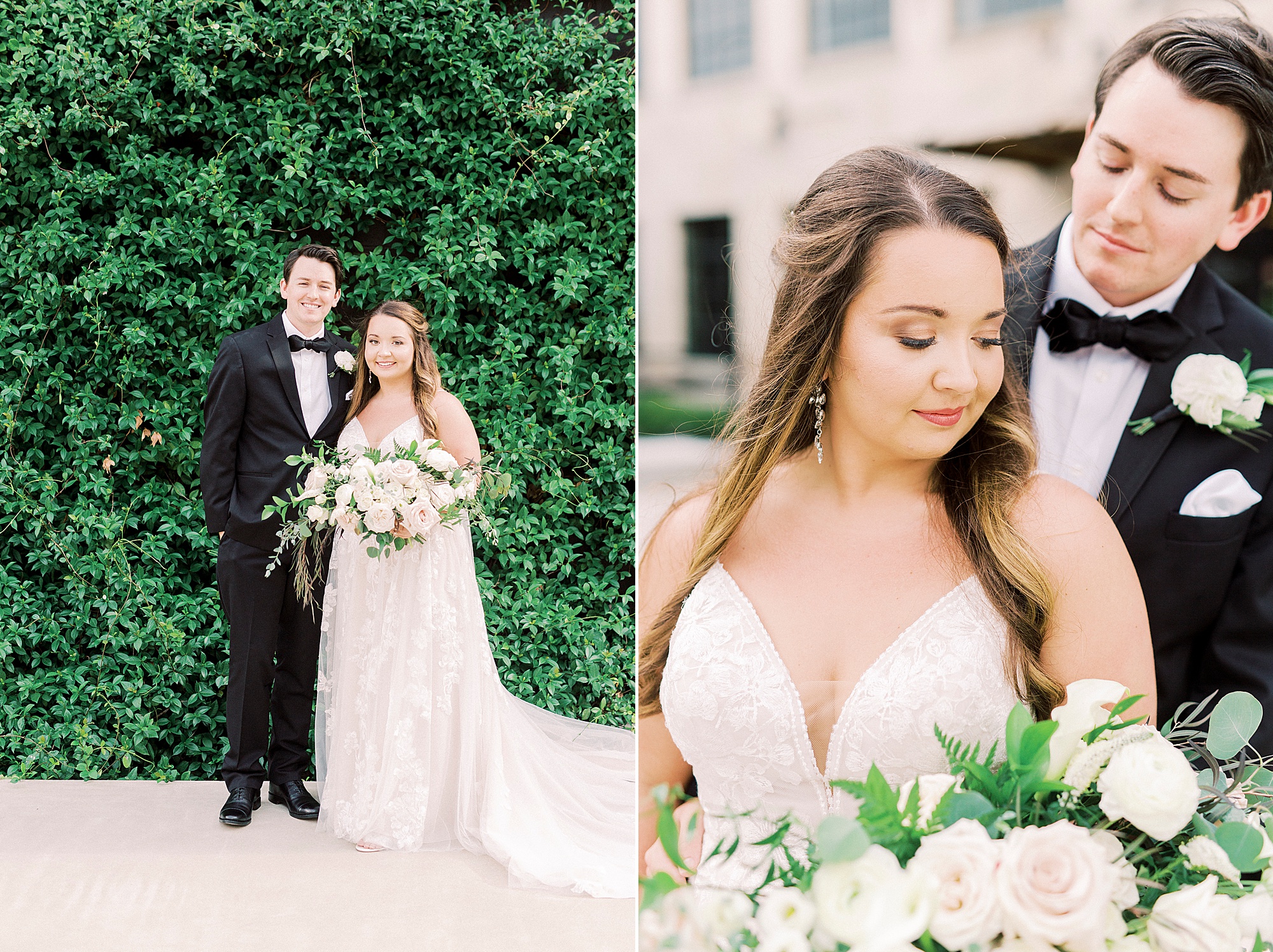 Greensboro NC wedding portraits by greenery wall