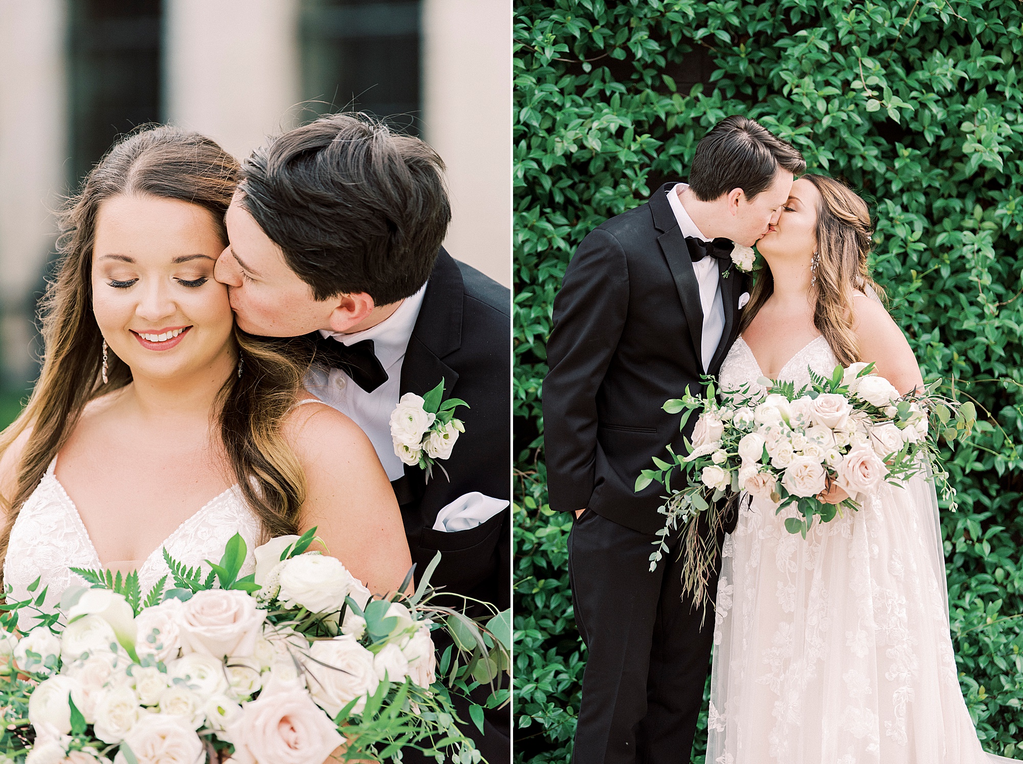 bride and groom kiss during portraits at the Cadillac Service Garage