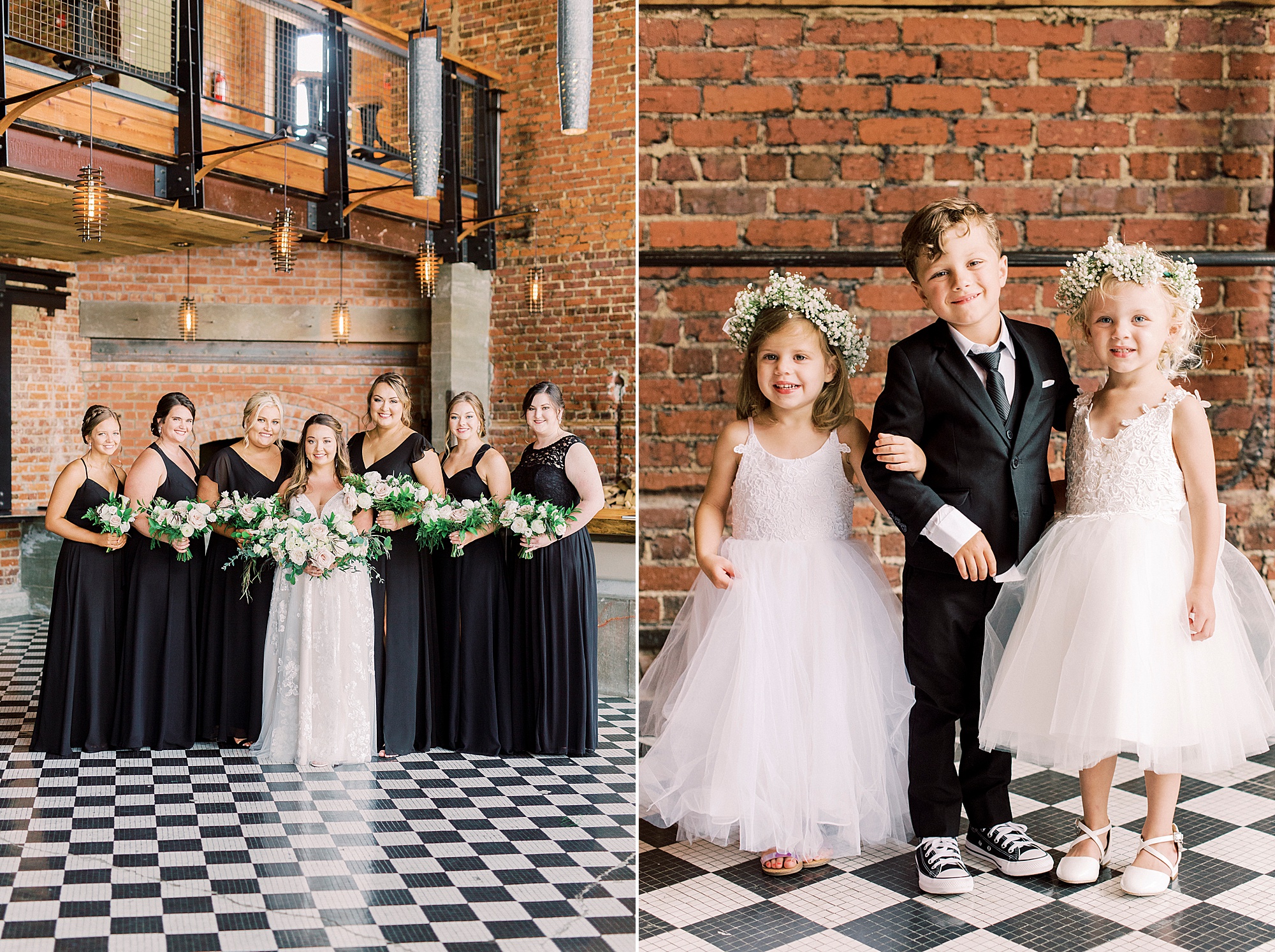 bride poses with bridesmaids in black dresses