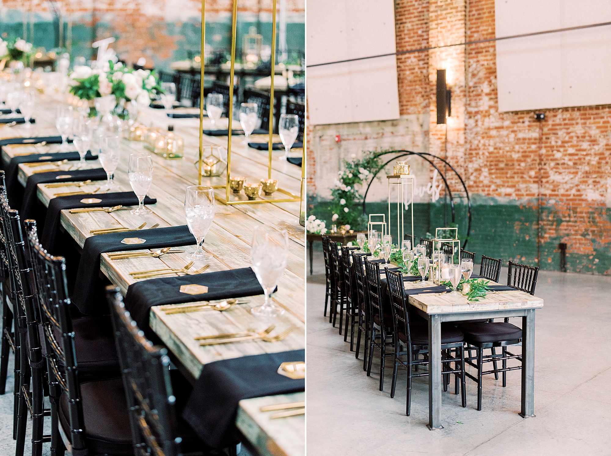 black and gold wedding reception details at Cadillac Service Garage