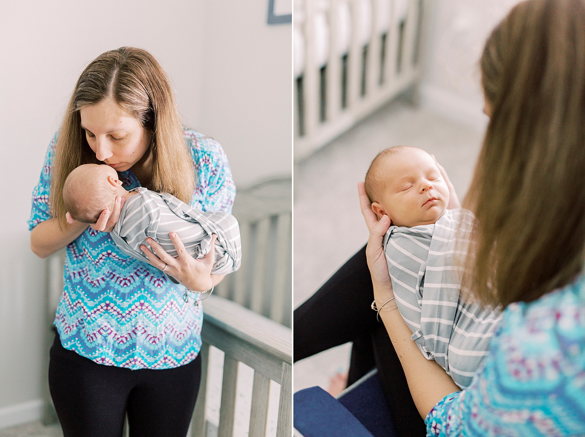 mom looks at baby boy during newborn photos by crib