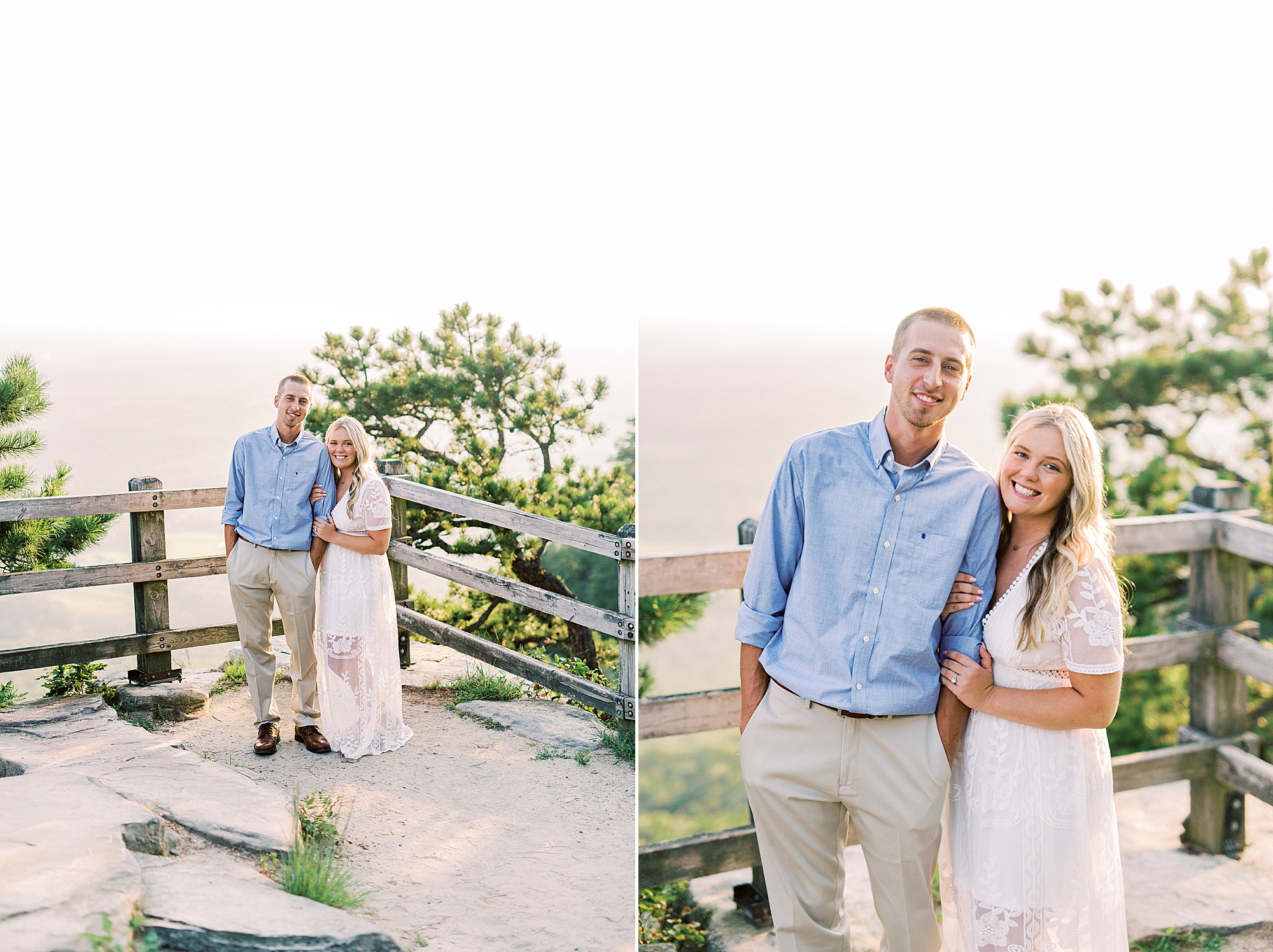 bride and groom pose on top of Pilot Mountain