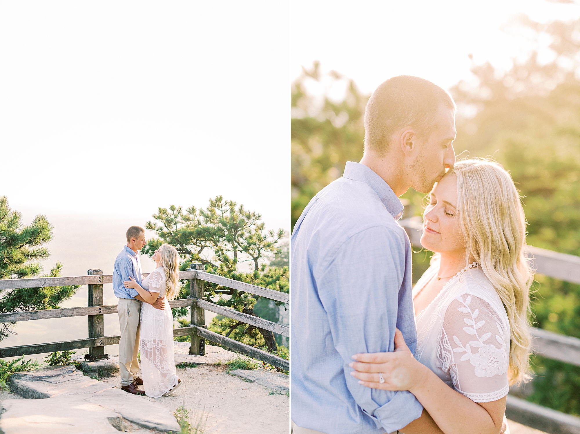 engaged couple kiss on top of Pilot Mountain