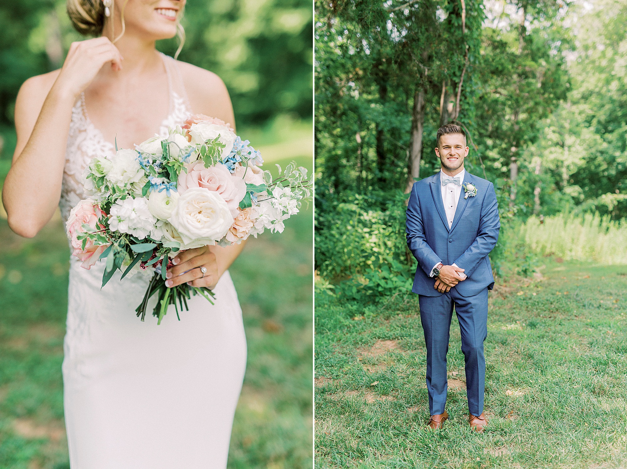 bride prepares for Winston Salem wedding with groom in blue suit