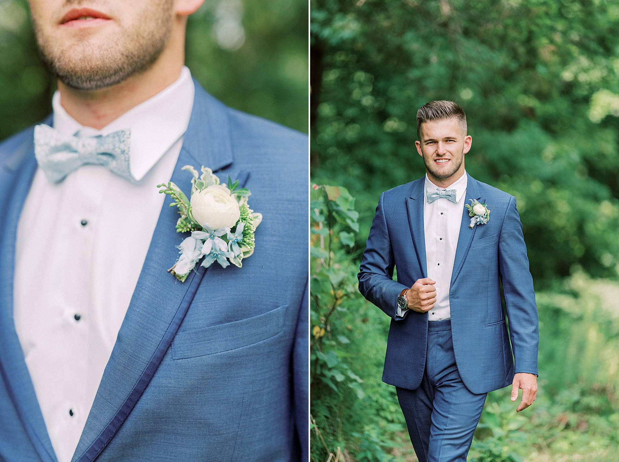 groom walks with blue suit jacket