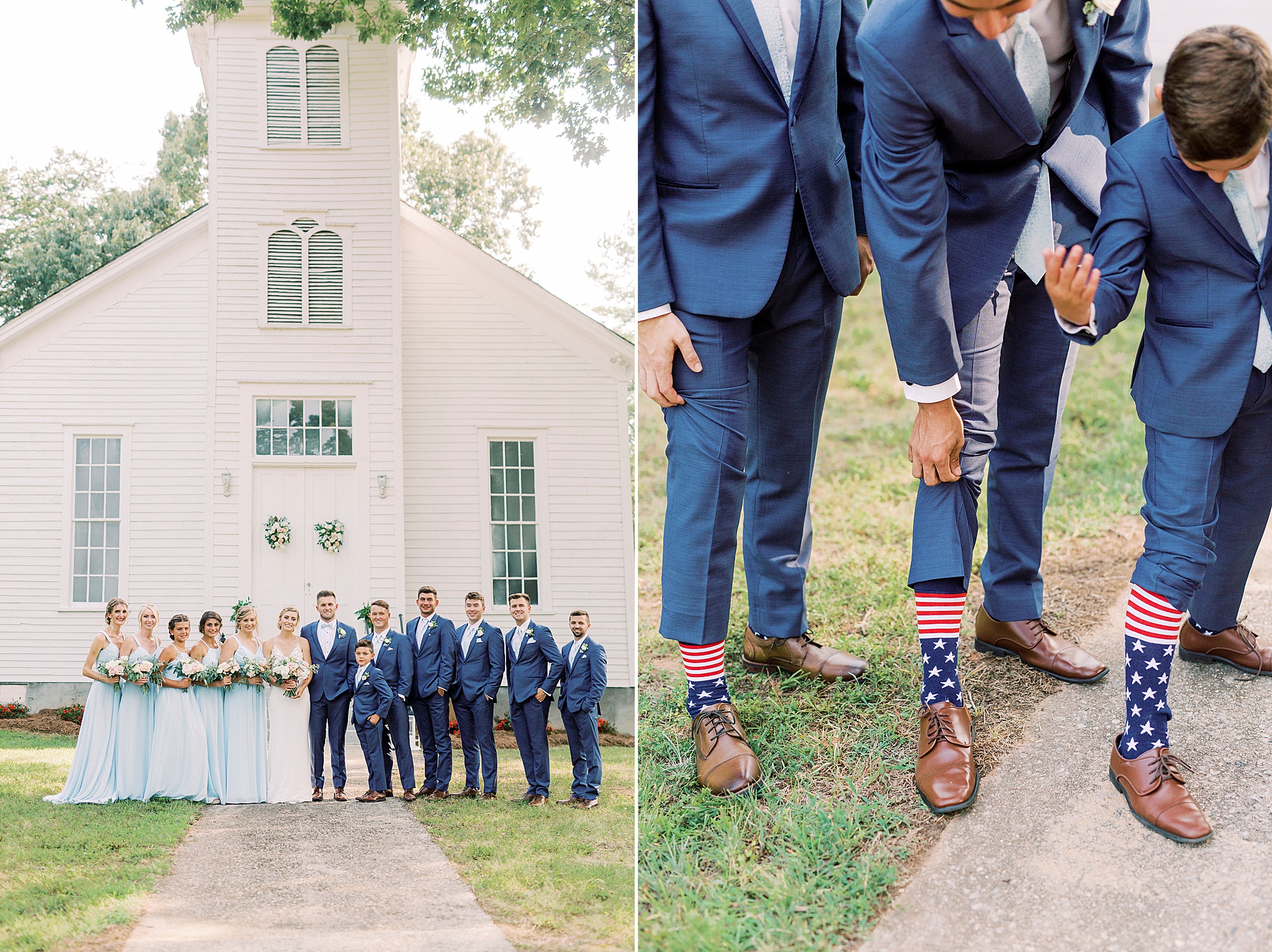 newlyweds pose with wedding party outside white church in Yadkinville NC