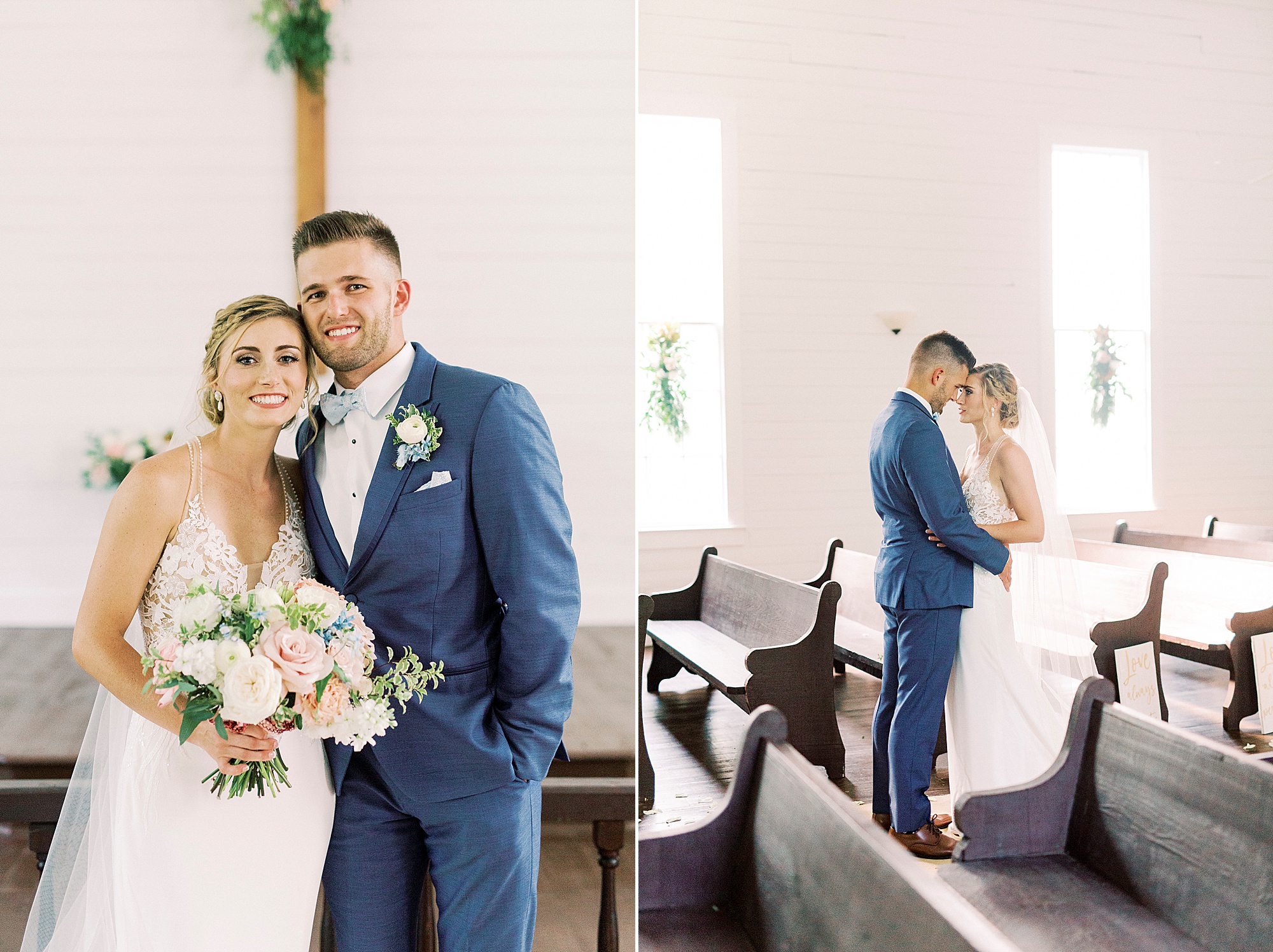 bride and groom pose inside white church