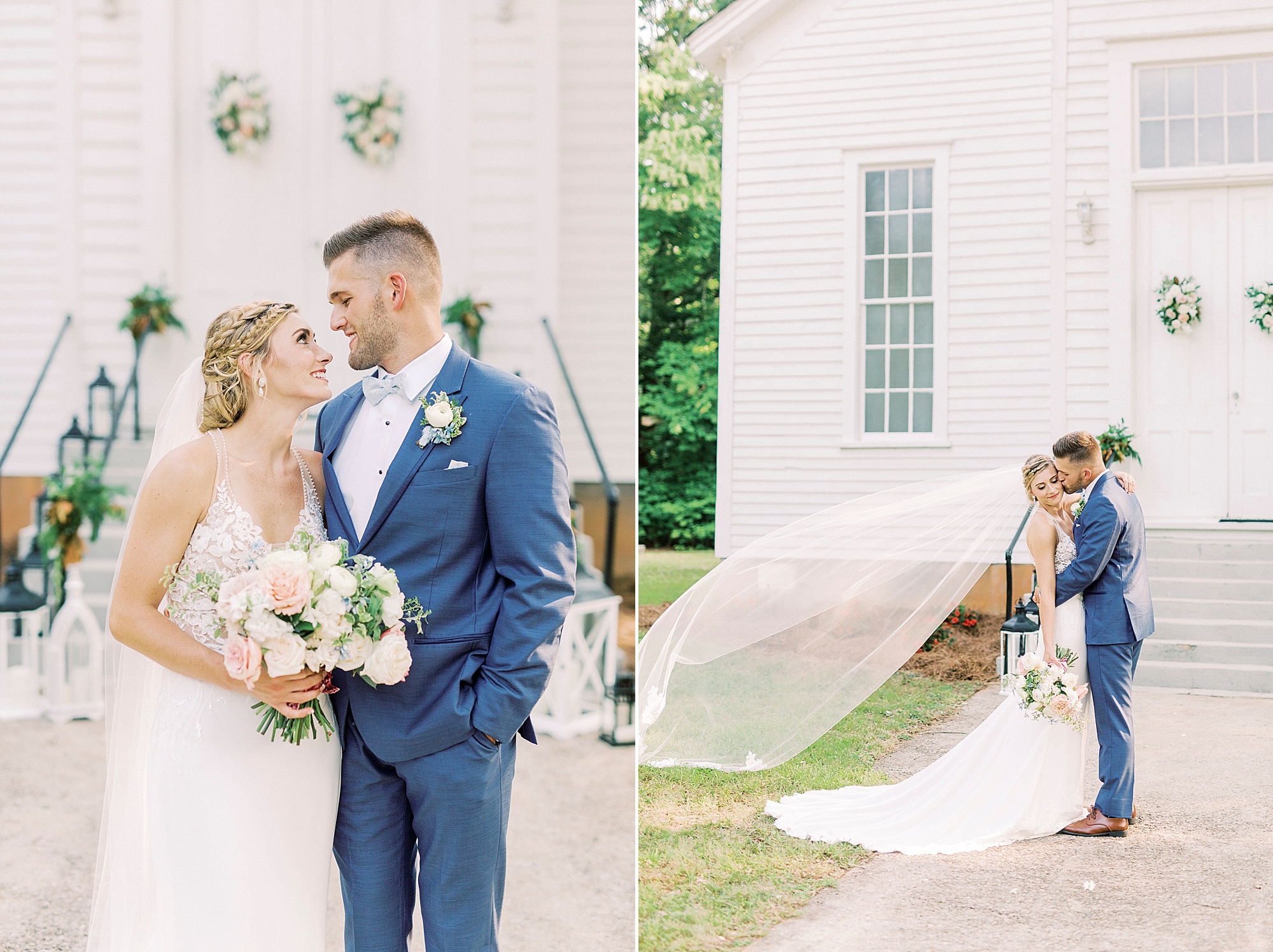newlyweds pose outside white Winston-Salem NC church