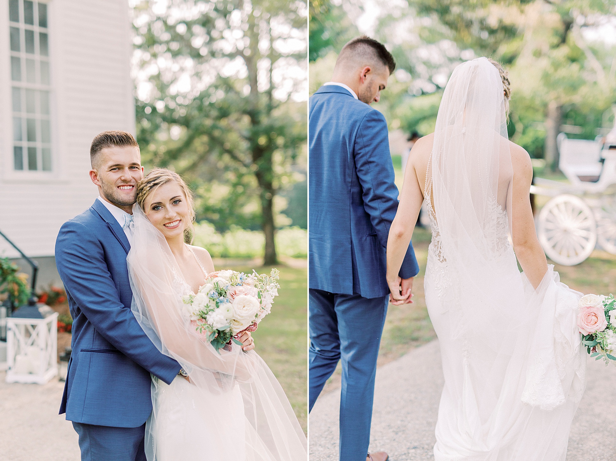 bride and groom walk by Winston-Salem NC church
