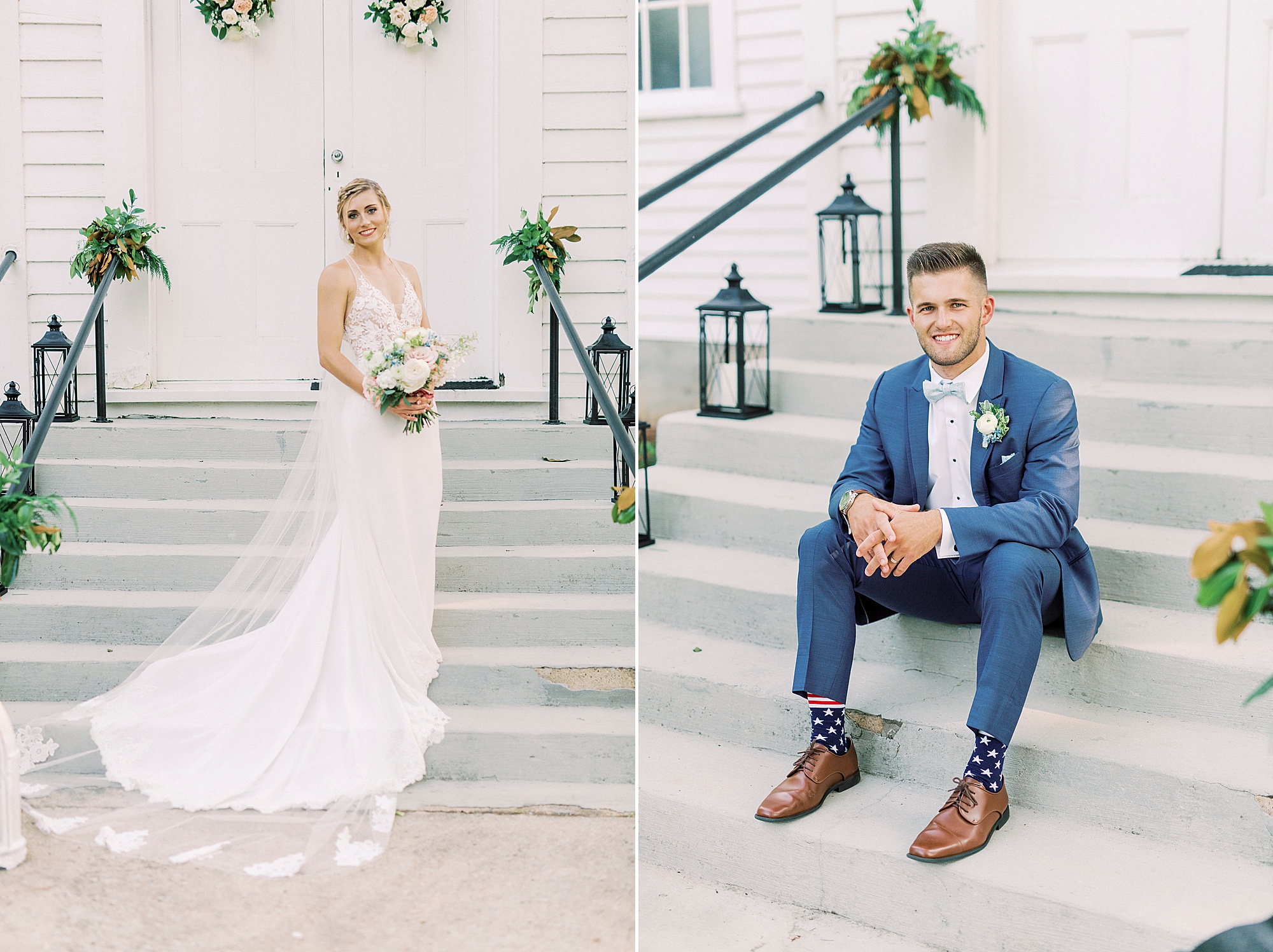 portraits of bride and groom on church steps