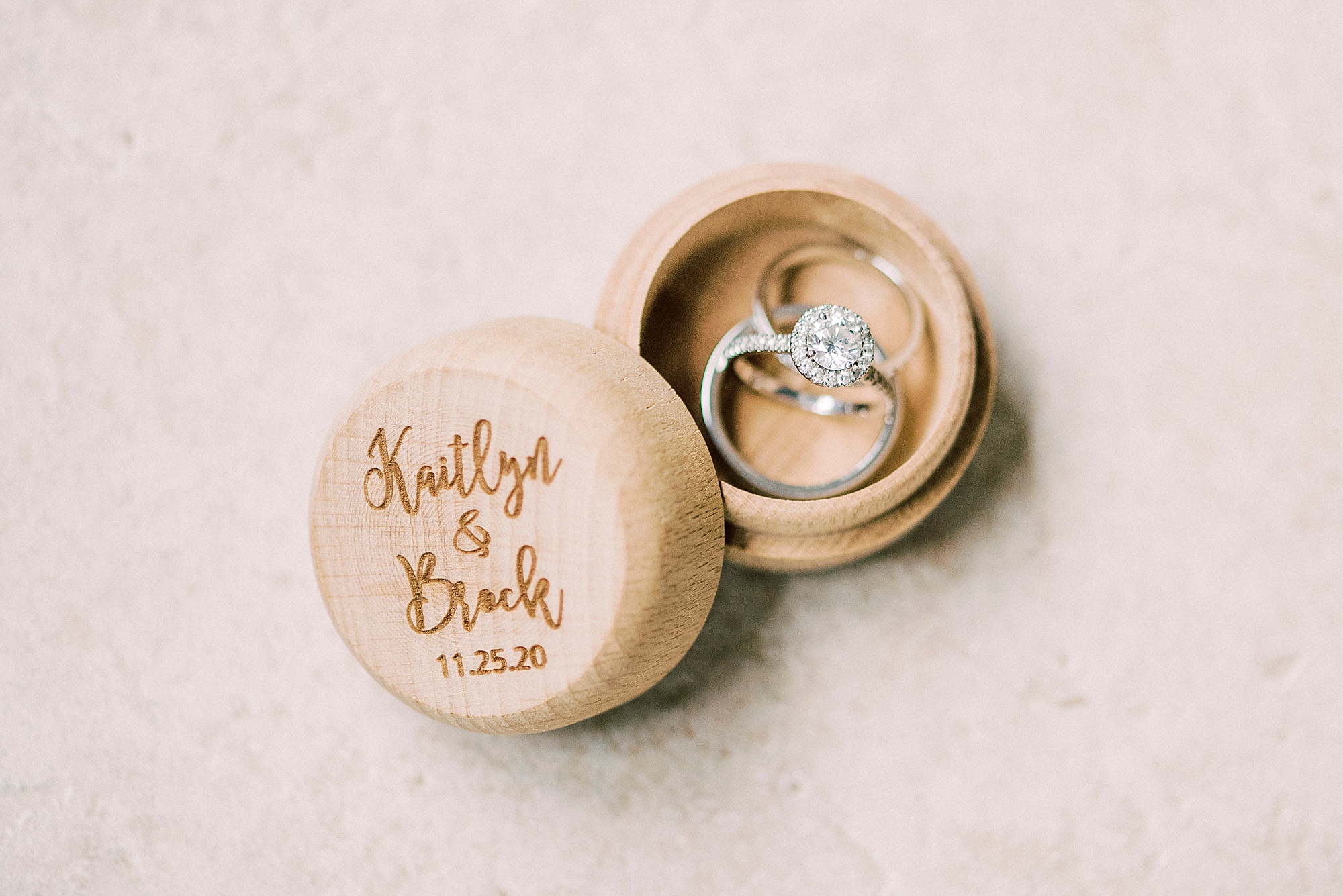 rings in wooden box before NC wedding