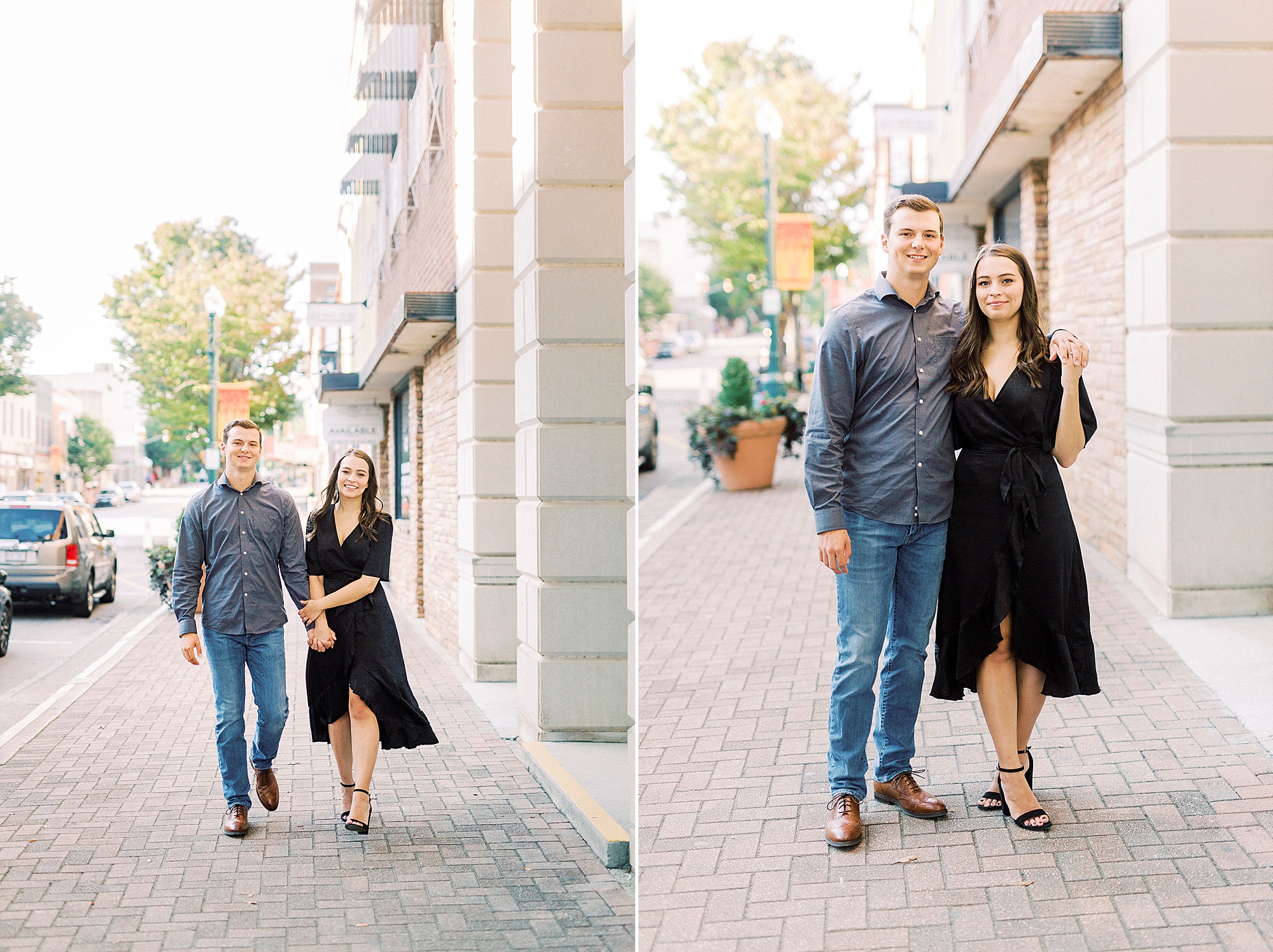 engaged couple walks through Downtown Concord