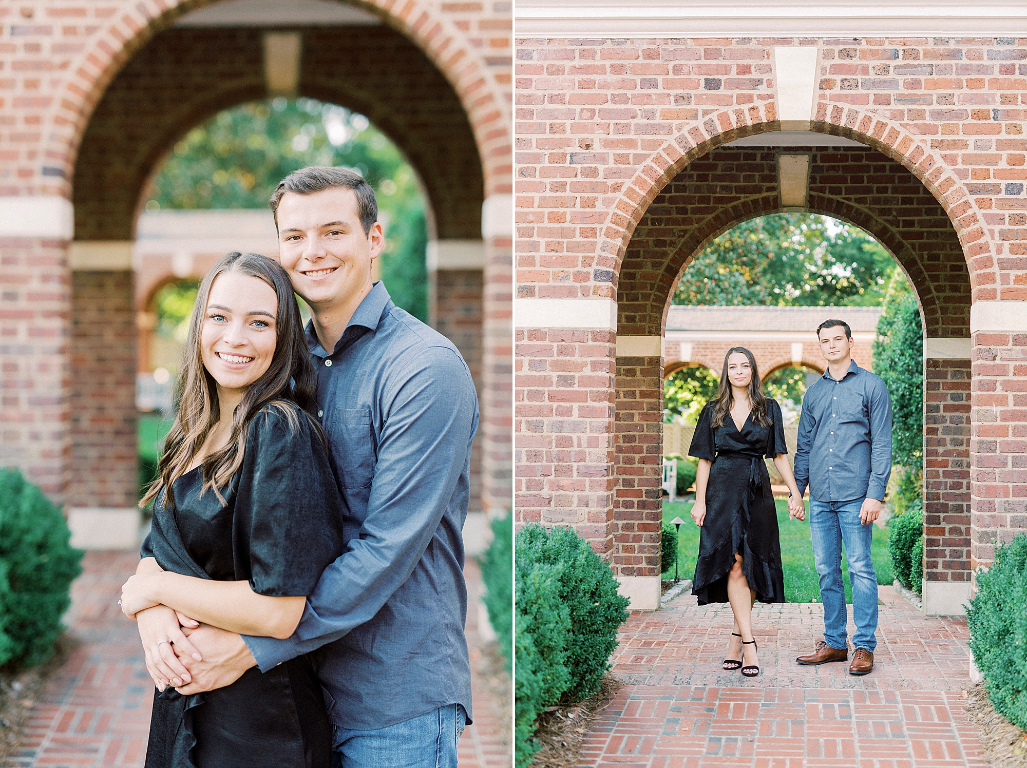engaged couple walks through brick archway in Downtown Concord